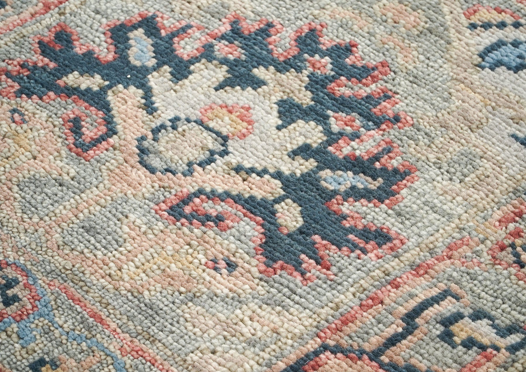 Runner Gray, Blush, Blue Color Hand Knotted Oushak Wool Arts & Crafts Oriental Rug