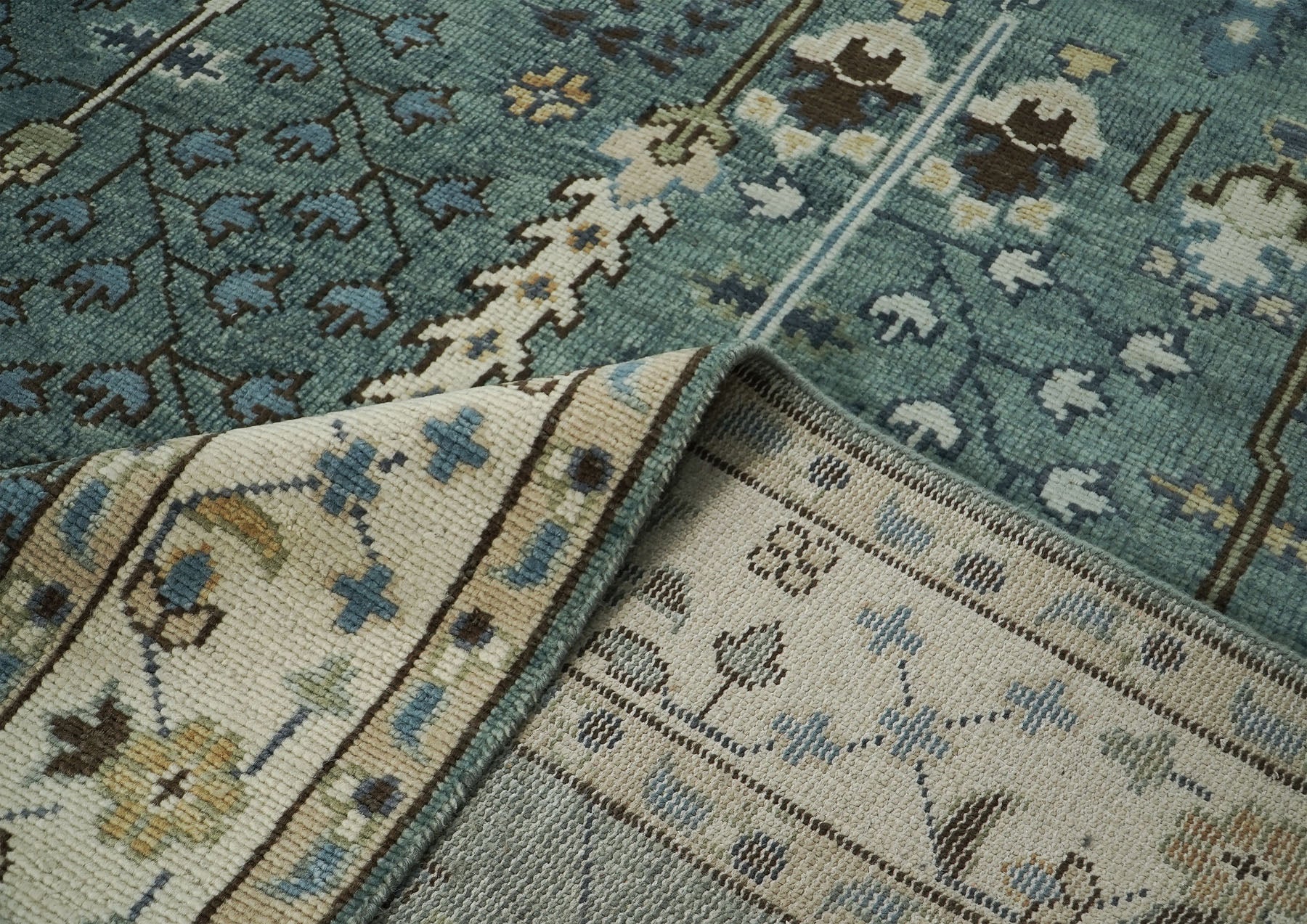 10x14 Seledon, Beige, Brown Color Hand Knotted Oushak Wool Transitional Oriental Rug