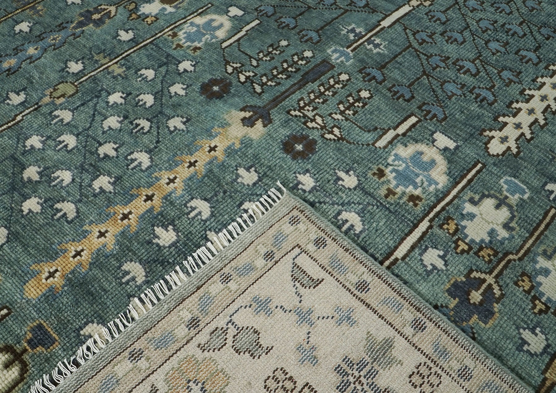 10x14 Seledon, Beige, Brown Color Hand Knotted Oushak Wool Transitional Oriental Rug