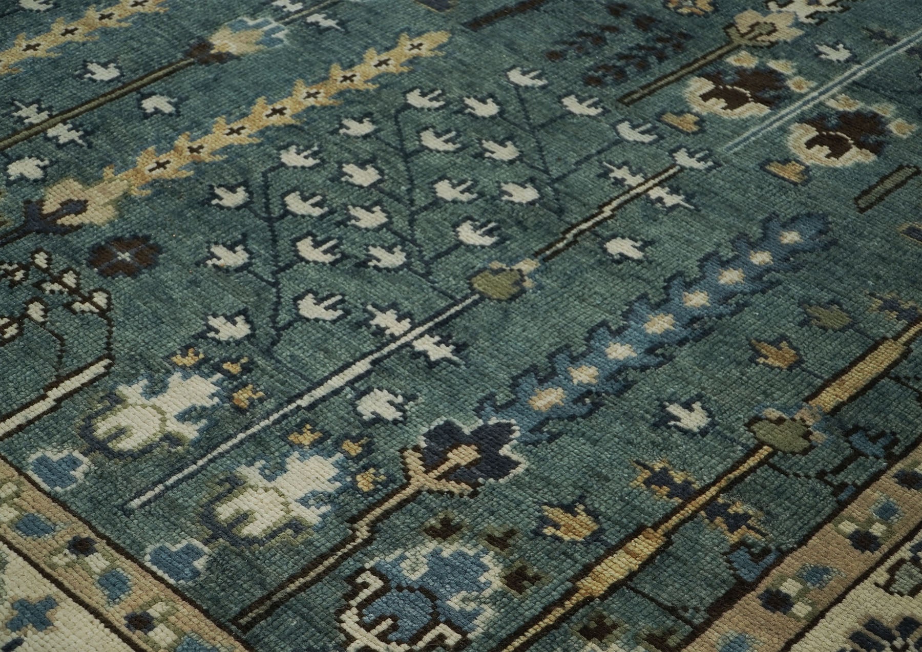 10x14 Seledon, Beige, Brown Color Hand Knotted Oushak Wool Transitional Oriental Rug