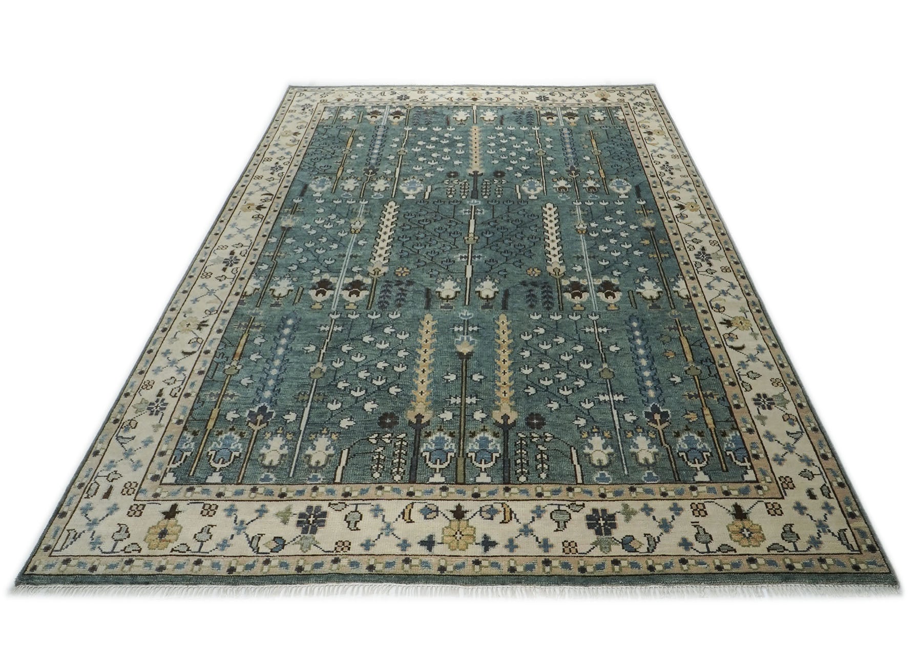 10x14 Seledon, Beige, Brown Color Hand Knotted Oushak Wool Transitional Oriental Rug