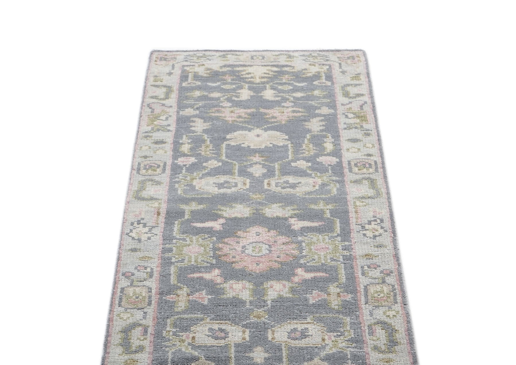Runner Slate, Gray, Sage Color Hand Knotted Oushak Wool Transitional Oriental Rug