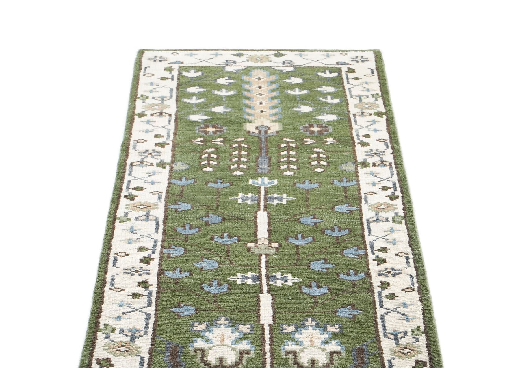 Runner Green, Ivory, Blue Color Hand Knotted Oushak Wool Transitional Oriental Rug