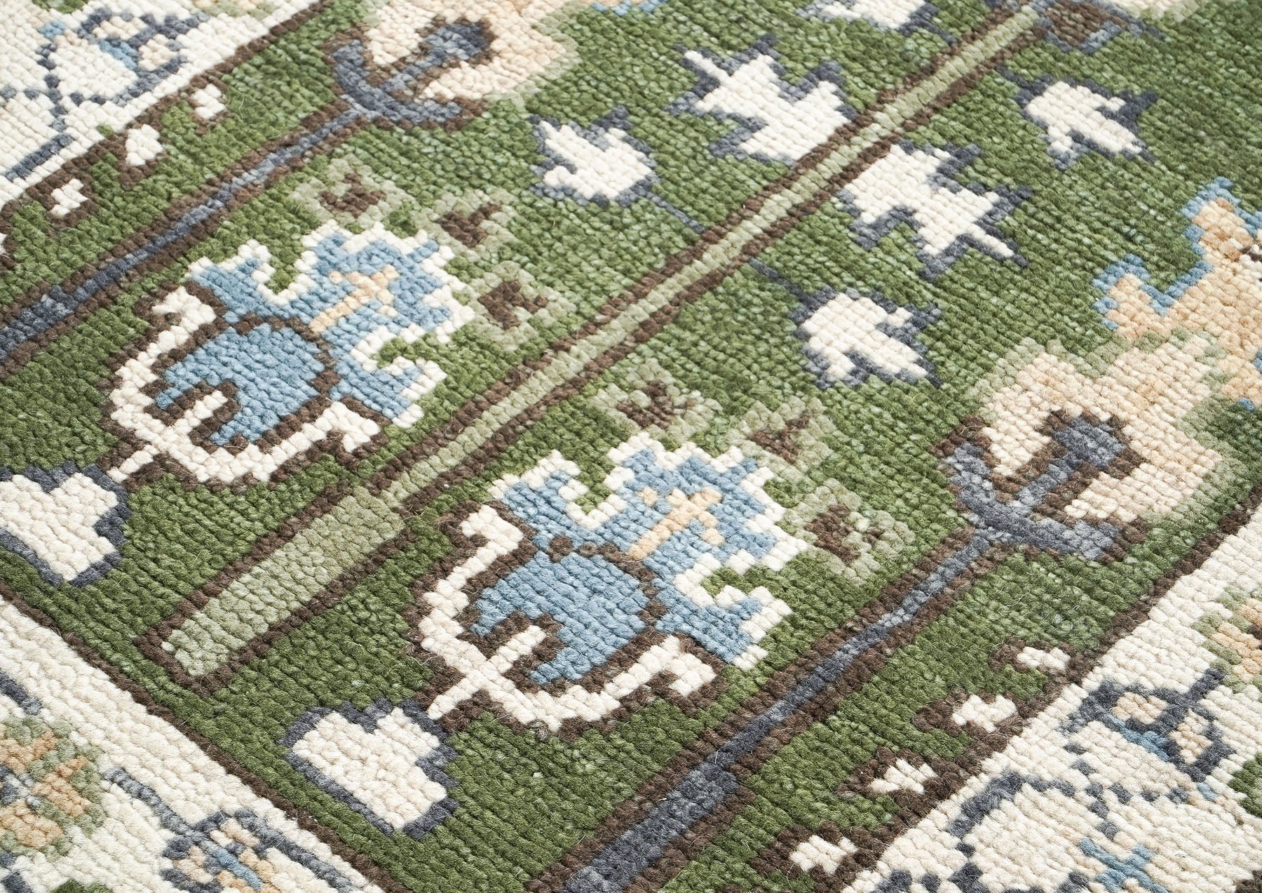 Runner Green, Ivory, Blue Color Hand Knotted Oushak Wool Transitional Oriental Rug