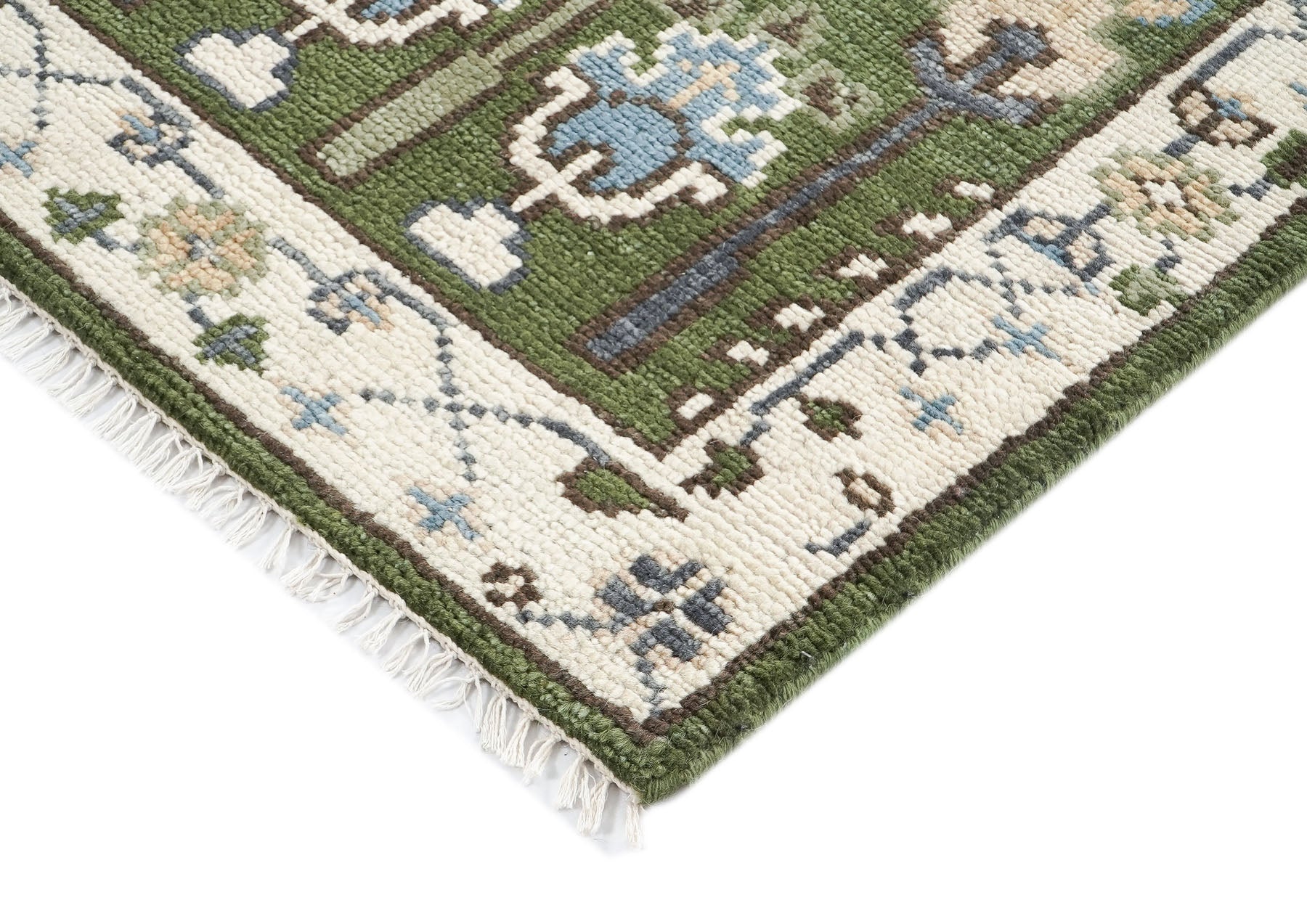 Runner Green, Ivory, Blue Color Hand Knotted Oushak Wool Transitional Oriental Rug