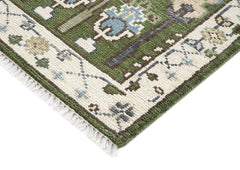 Runner Green, Ivory, Blue Color Hand Knotted Oushak Wool Transitional Oriental Rug