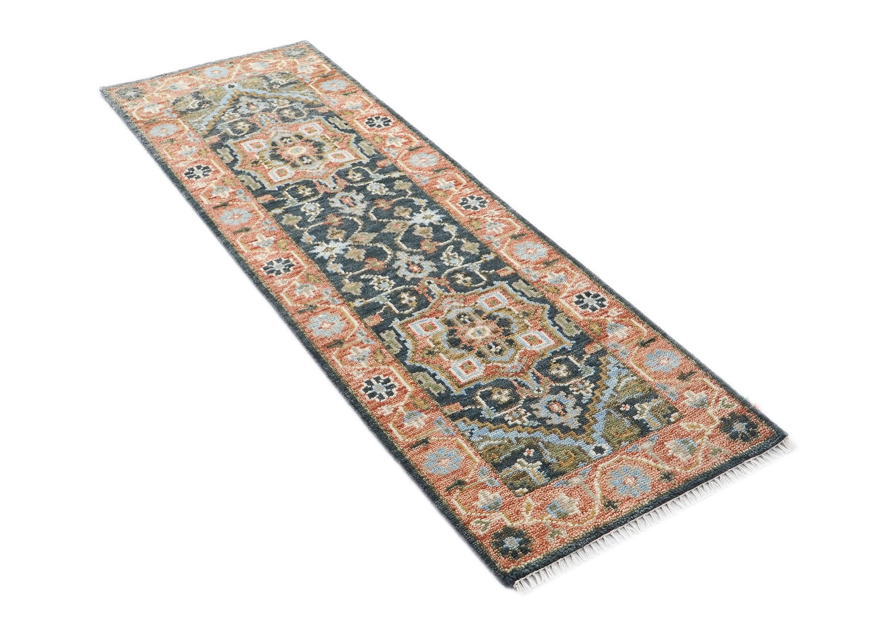 Runner Slate, Blush, Sage Color Hand Knotted Oushak Wool Traditional Oriental Rug