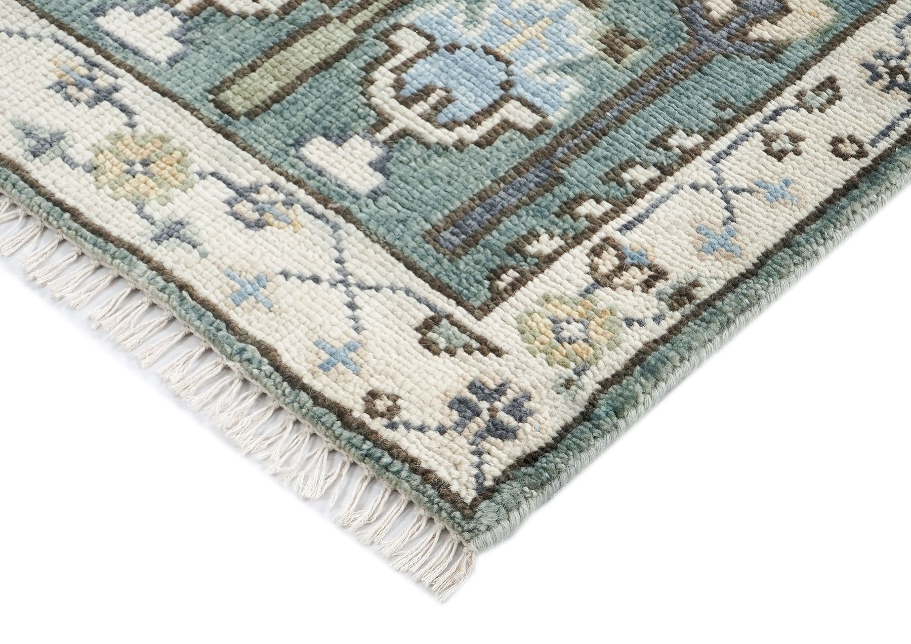 Runner Celadon, Ivory, Gray Color Hand Knotted Oushak Wool Transitional Oriental Rug