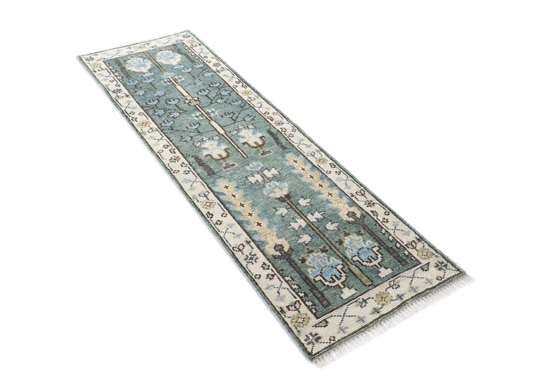 Runner Celadon, Ivory, Gray Color Hand Knotted Oushak Wool Transitional Oriental Rug