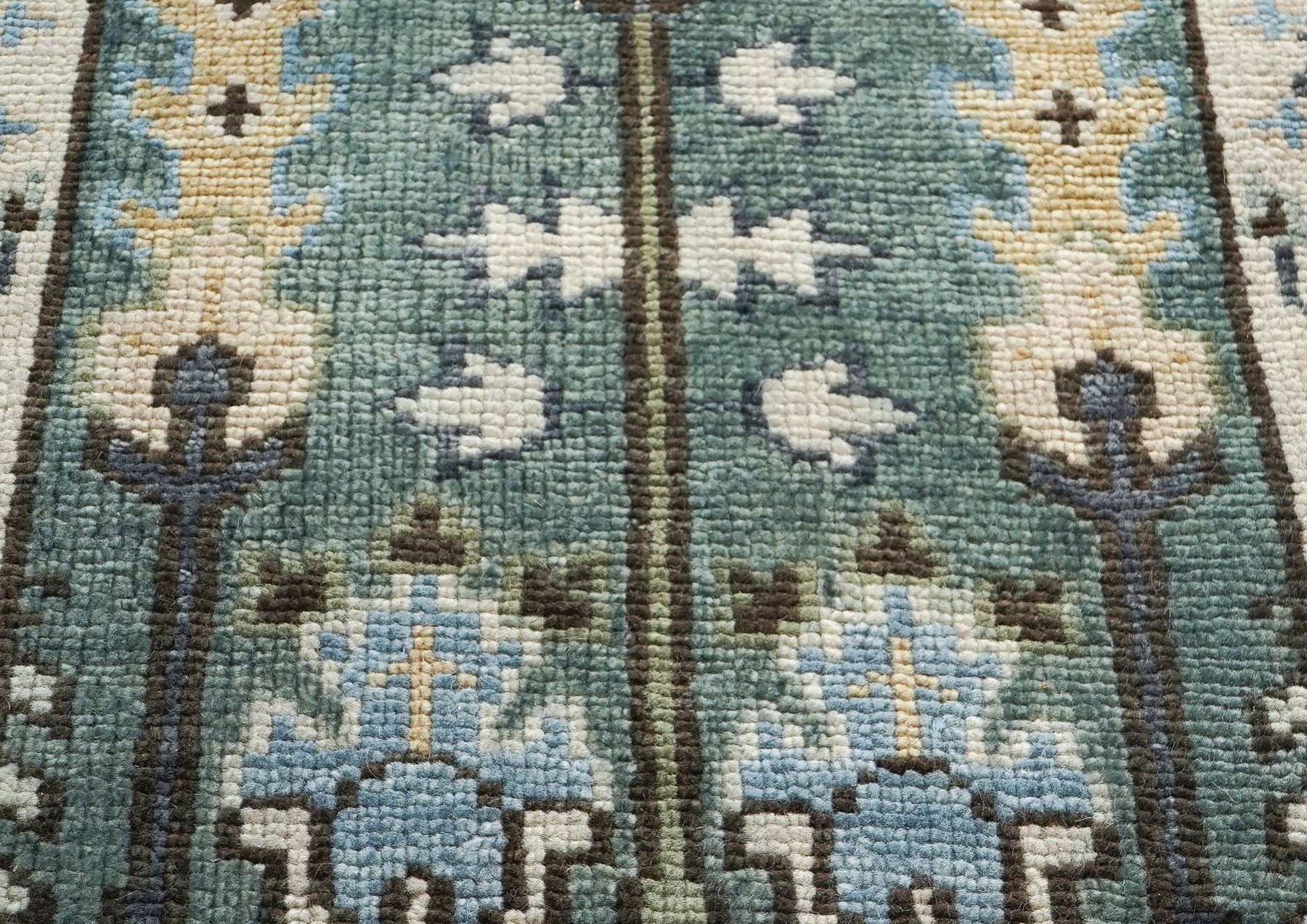 Runner Celadon, Ivory, Gray Color Hand Knotted Oushak Wool Transitional Oriental Rug