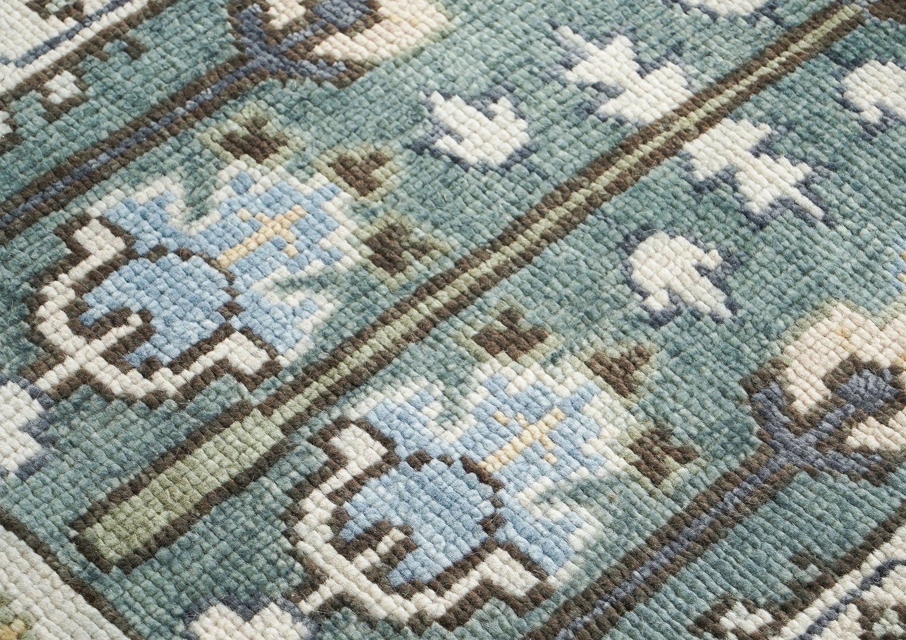 Runner Celadon, Ivory, Gray Color Hand Knotted Oushak Wool Transitional Oriental Rug