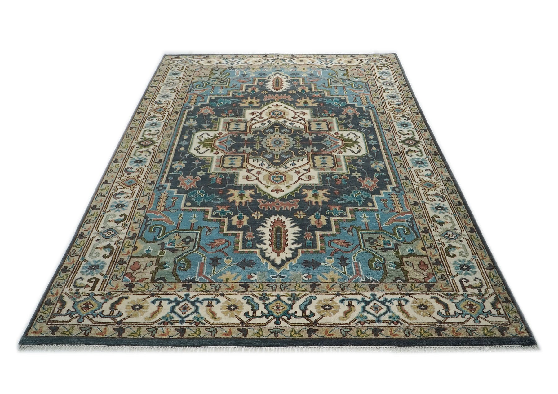 10x14 Blue, Ivory, Beige Color Hand Knotted Oushak Wool  Oriental Rug