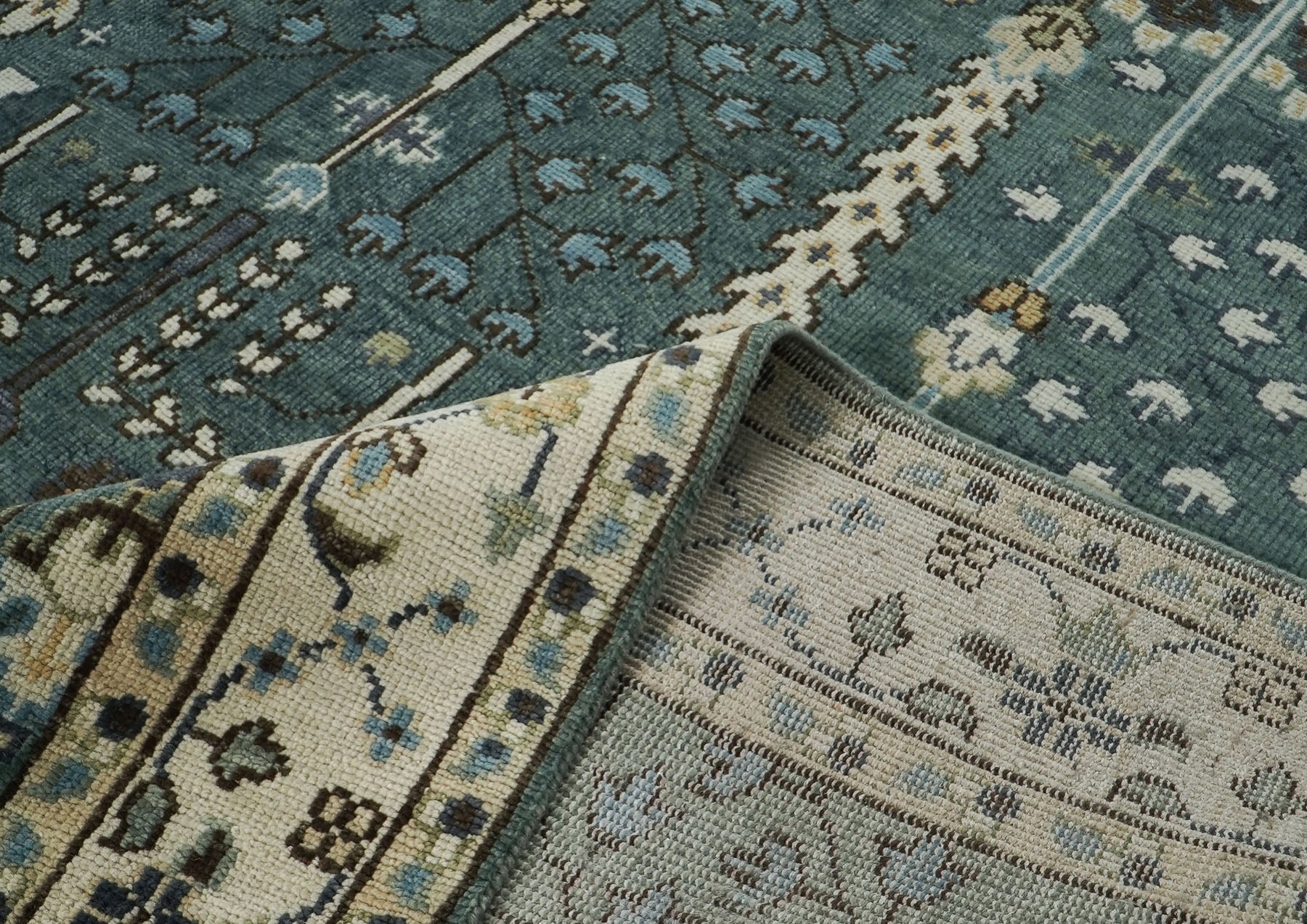 10x14 Seledon, Ivory, Beige Color Hand Knotted Oushak Wool Transitional Oriental Rug