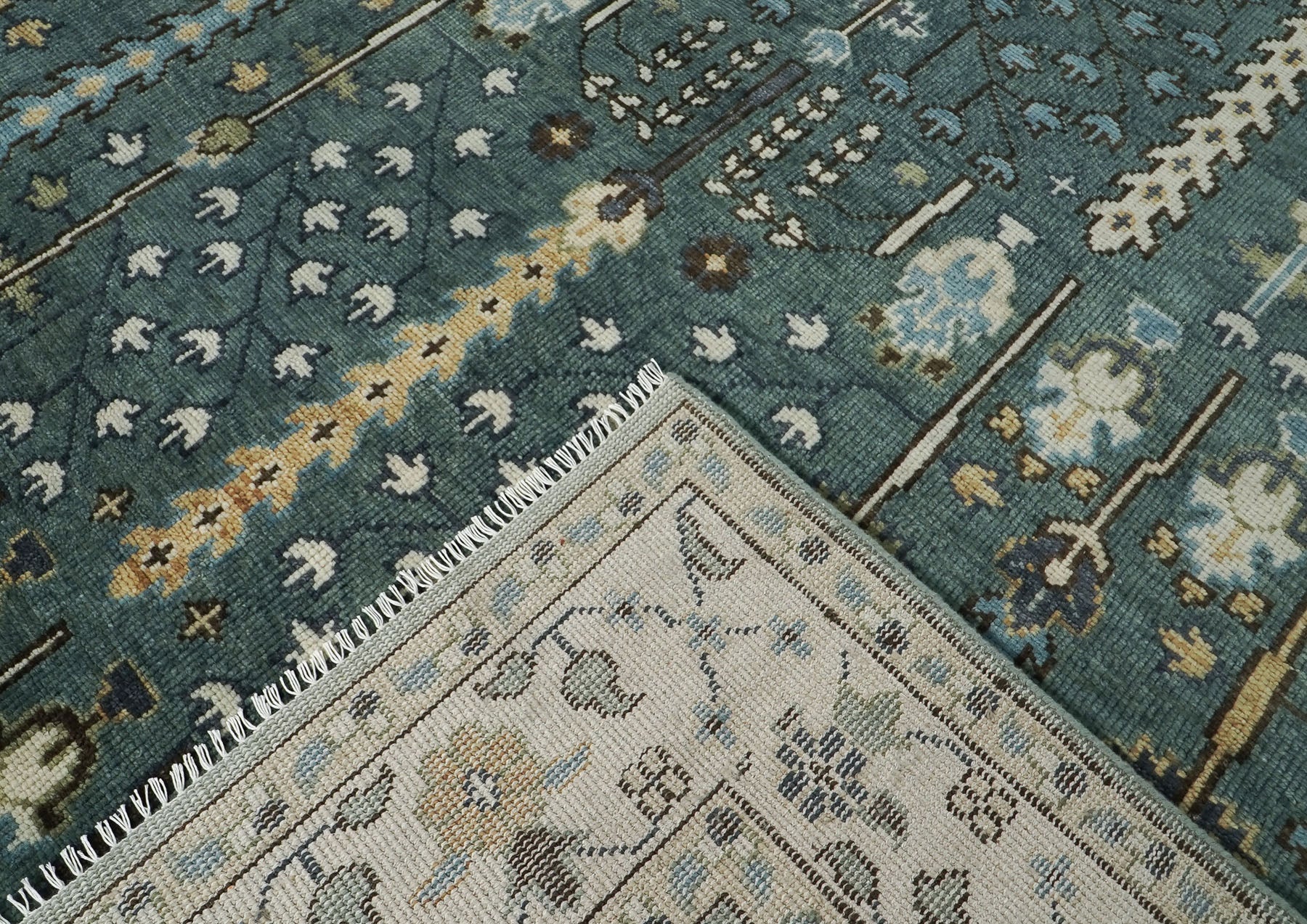 10x14 Seledon, Ivory, Beige Color Hand Knotted Oushak Wool Transitional Oriental Rug