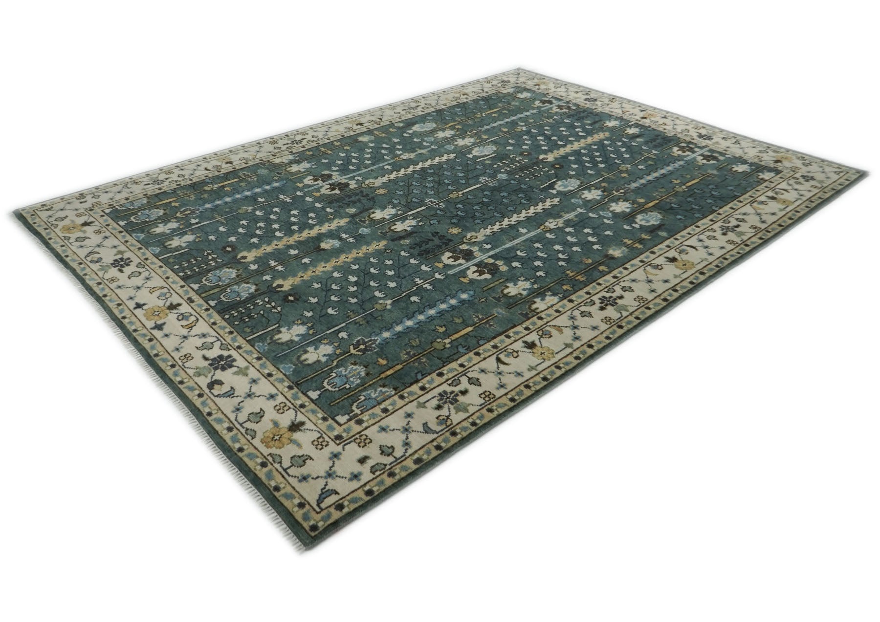 10x14 Seledon, Ivory, Beige Color Hand Knotted Oushak Wool Transitional Oriental Rug
