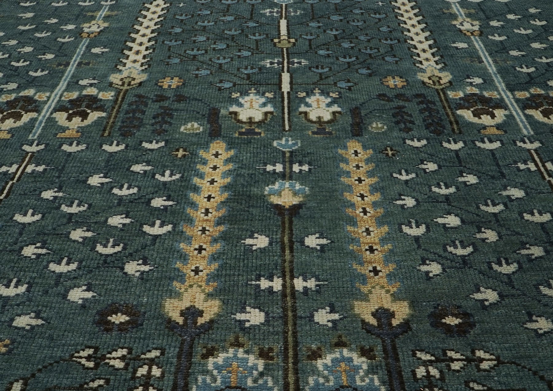 10x14 Seledon, Ivory, Beige Color Hand Knotted Oushak Wool Transitional Oriental Rug