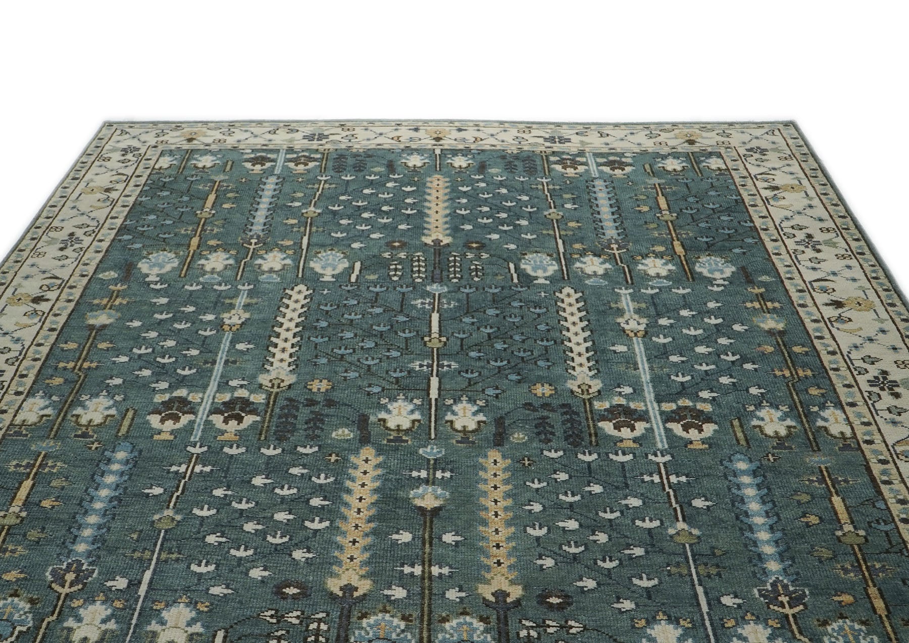 10x14 Seledon, Ivory, Beige Color Hand Knotted Oushak Wool Transitional Oriental Rug