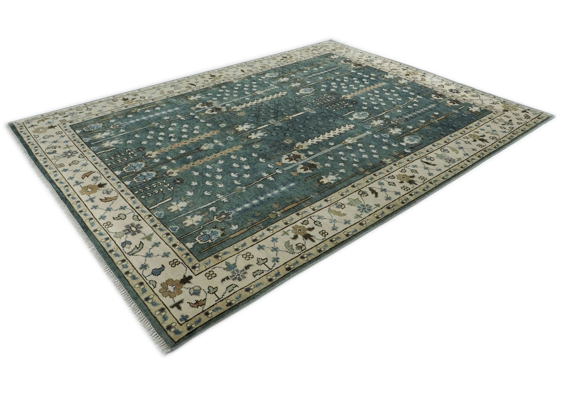 10x14 Seledon, Beige, Ivory Color Hand Knotted Oushak Wool Transitional Oriental Rug