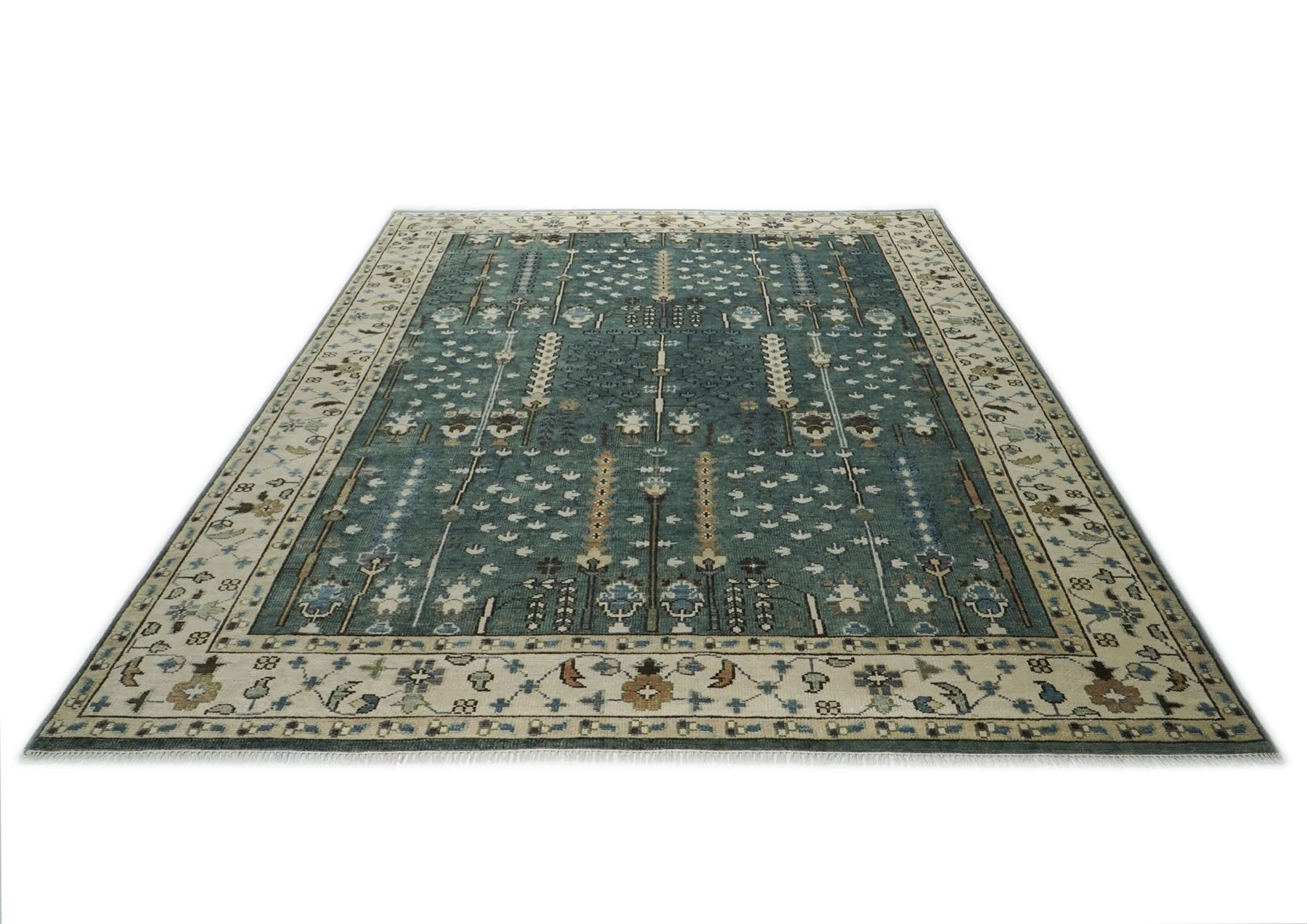 10x14 Seledon, Beige, Ivory Color Hand Knotted Oushak Wool Transitional Oriental Rug