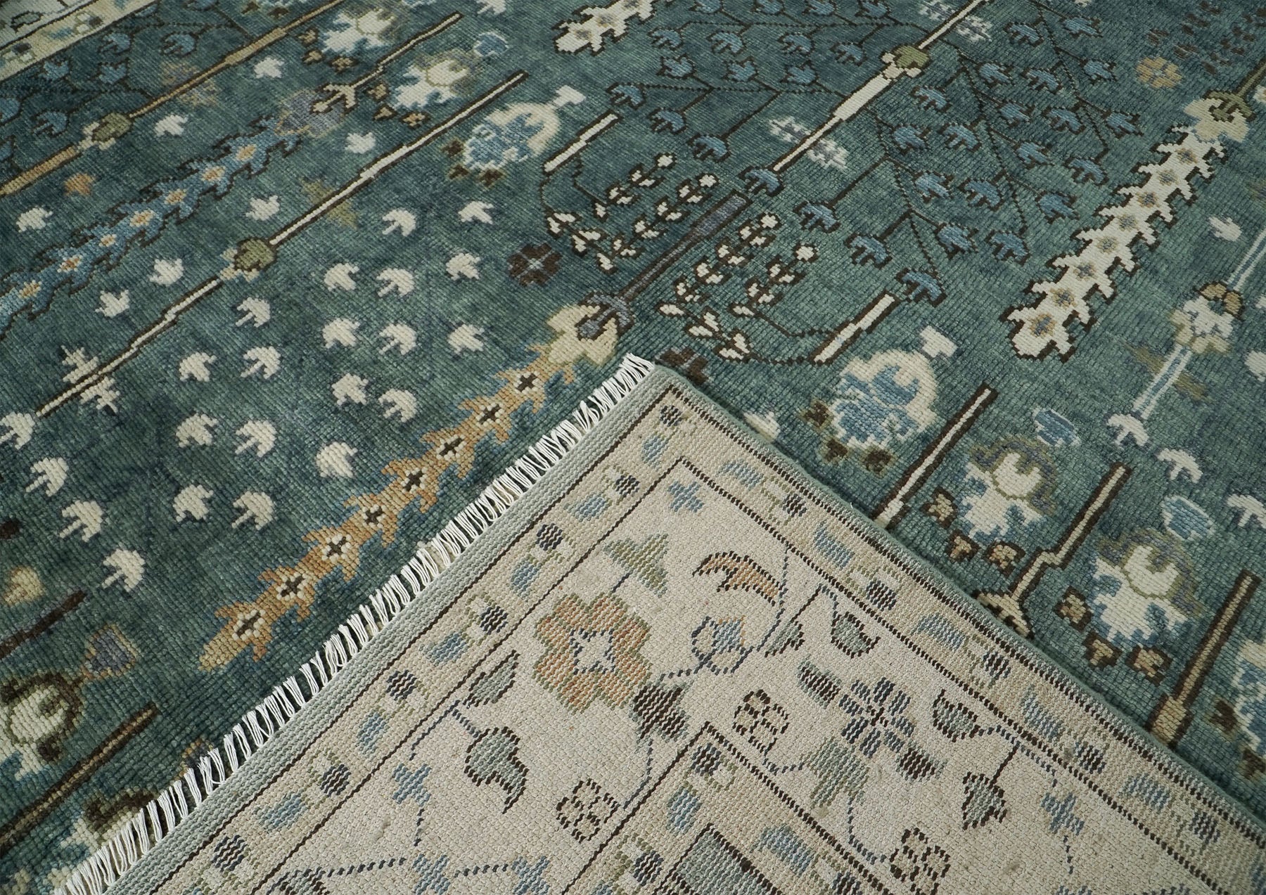 10x14 Seledon, Beige, Ivory Color Hand Knotted Oushak Wool Transitional Oriental Rug