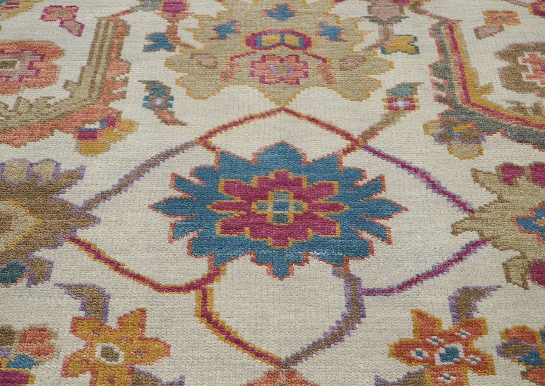 Multi Size Ivory Brown Aqua Color Hand Knotted Oushak Wool Traditional Oriental Rug