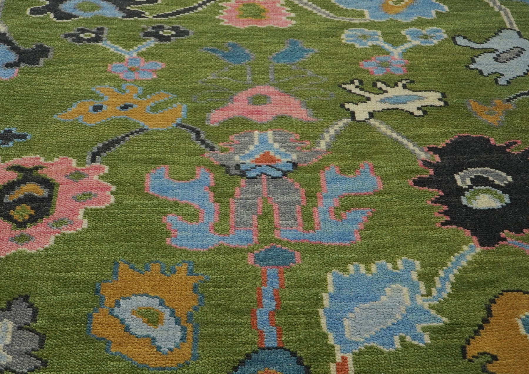Multi Size Green Pink Navy Color Hand Knotted Oushak Wool Traditional Oriental Rug