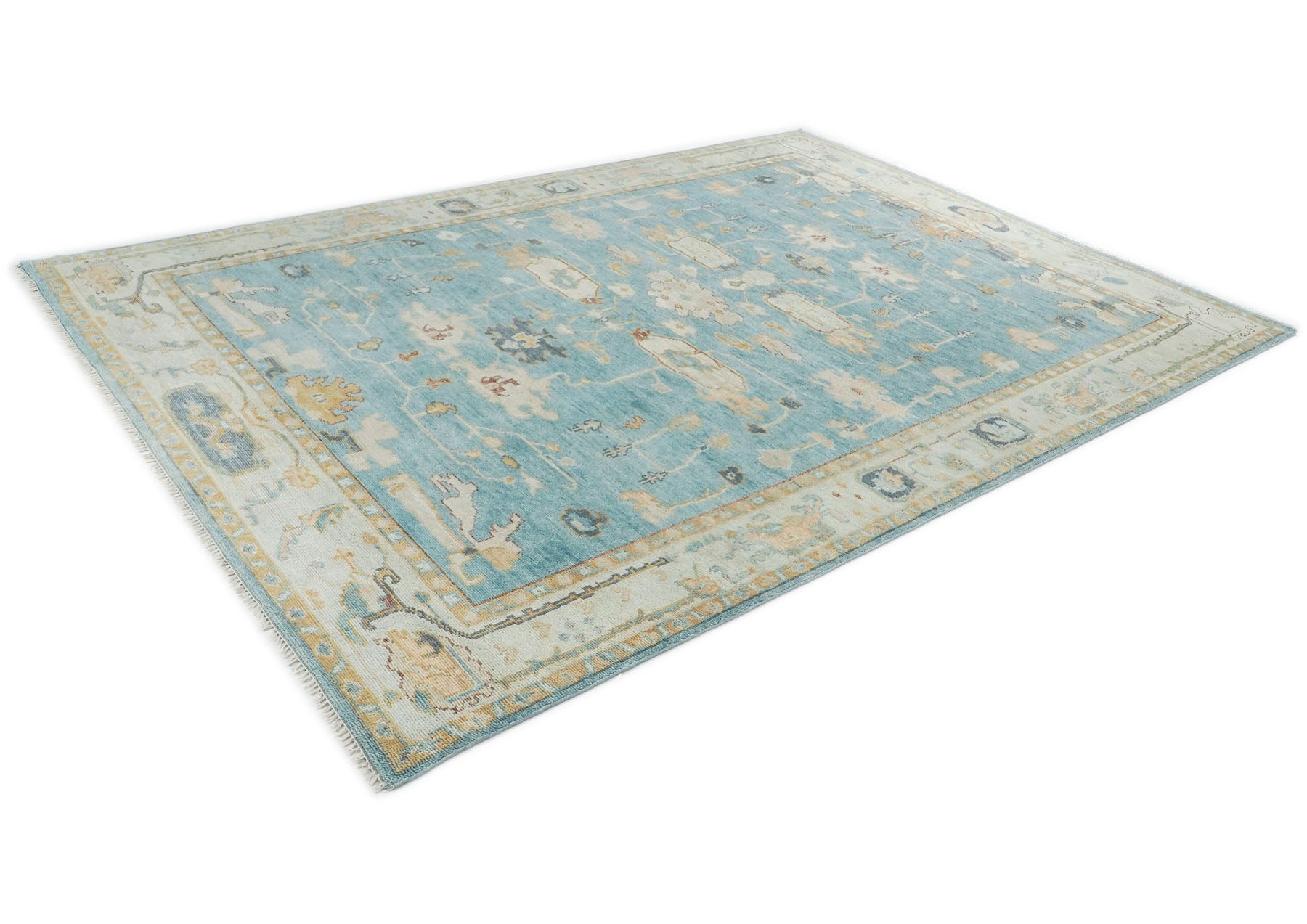 10x14 Aqua, Gray, Tan Color Hand Knotted Oushak Wool Transitional Oriental Rug