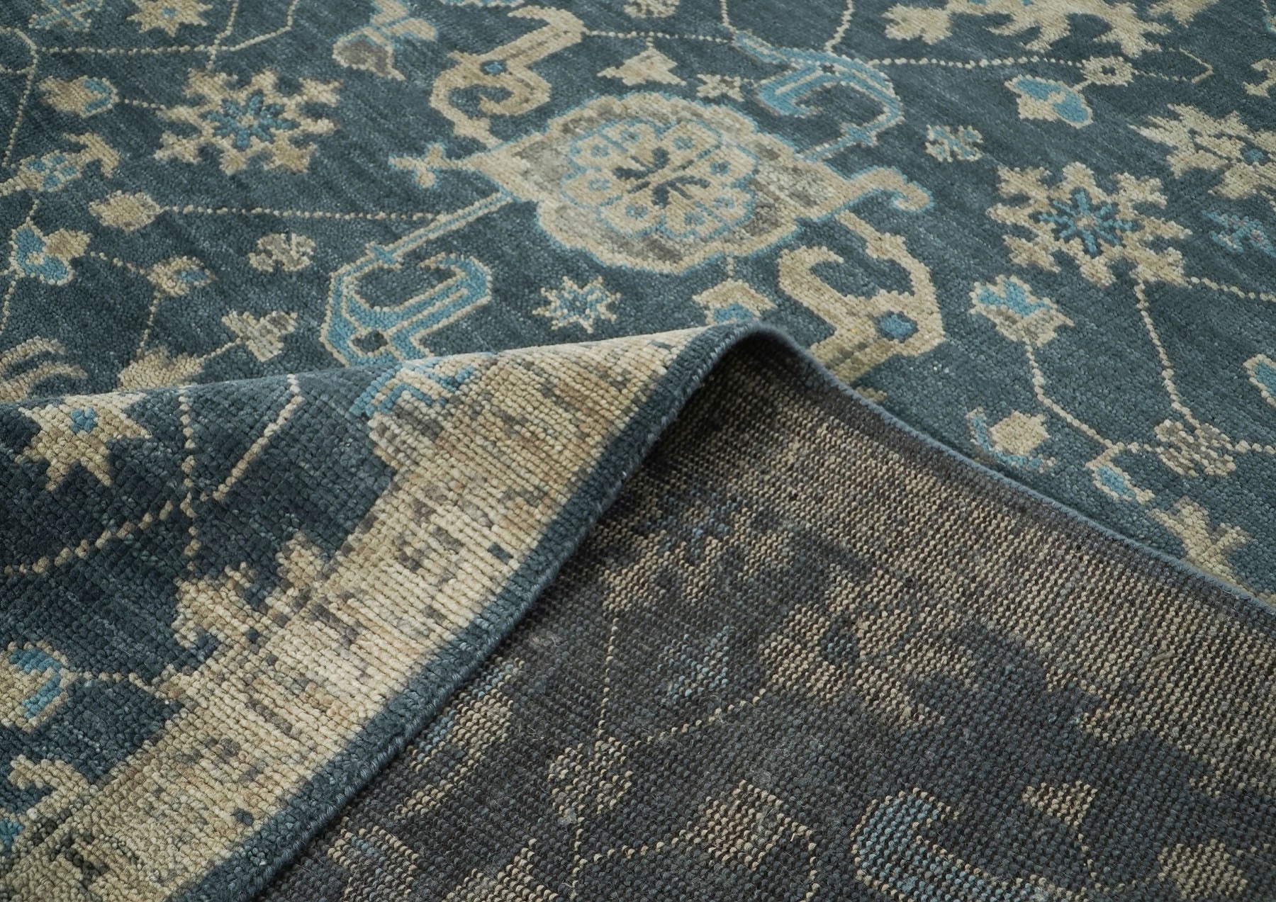 10x14 Blue, Beige, Ivory Color Hand Knotted Oushak Wool Transitional Oriental Rug