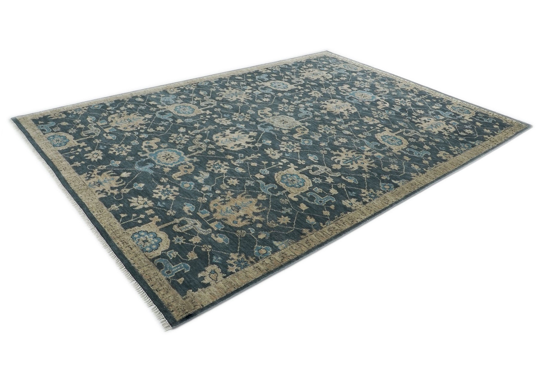 10x14 Blue, Beige, Ivory Color Hand Knotted Oushak Wool Transitional Oriental Rug