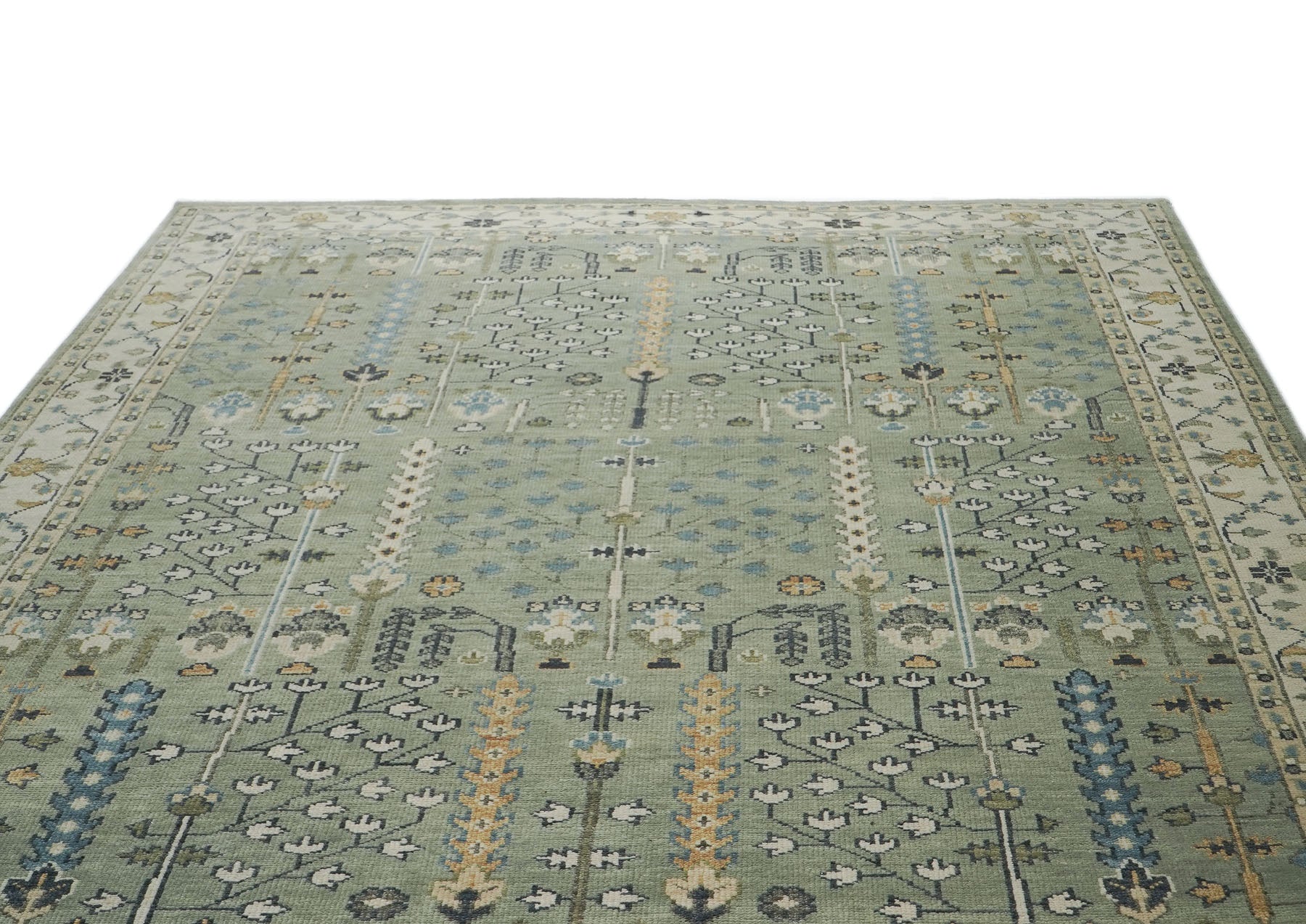 10x14 Mint, Ivory, Blue Color Hand Knotted Oushak Wool Transitional Oriental Rug