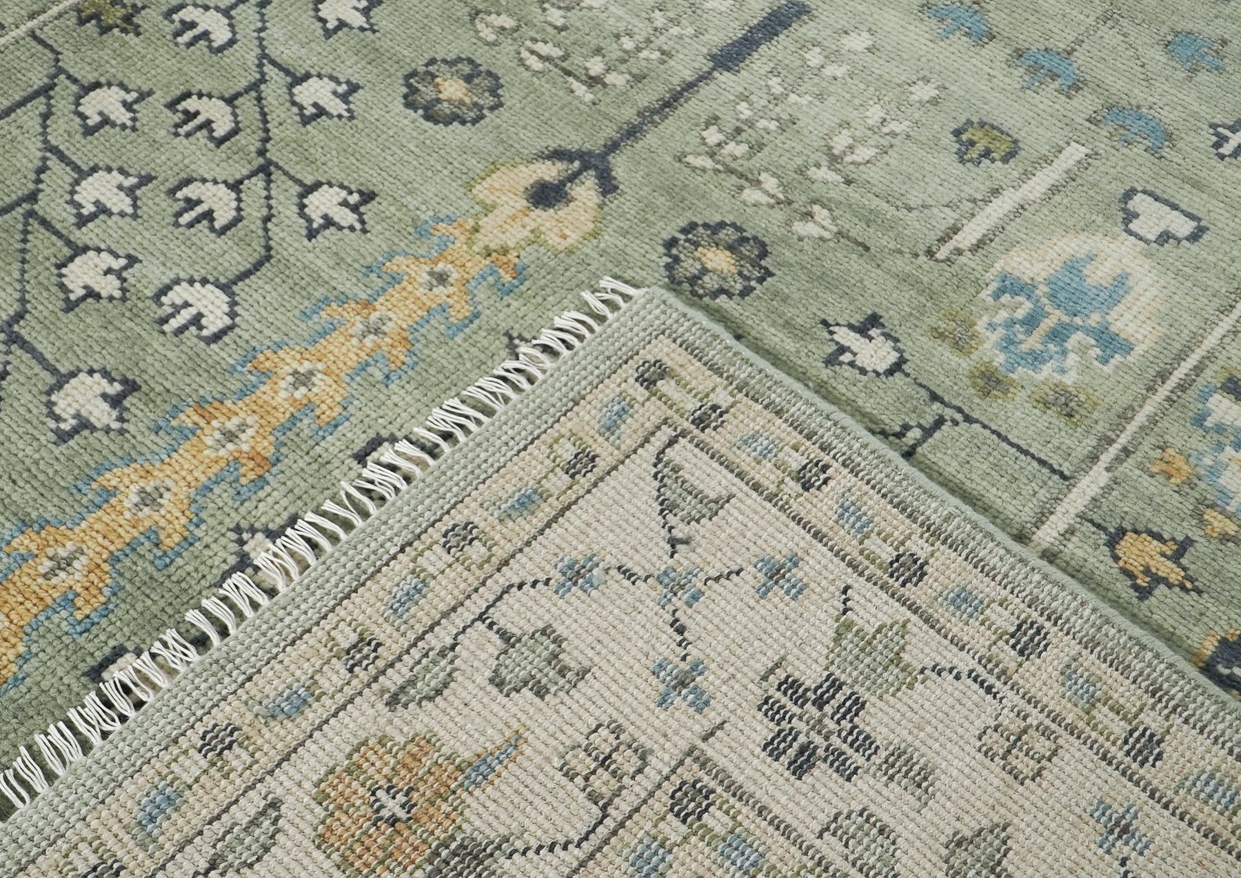 10x14 Mint, Ivory, Blue Color Hand Knotted Oushak Wool Transitional Oriental Rug