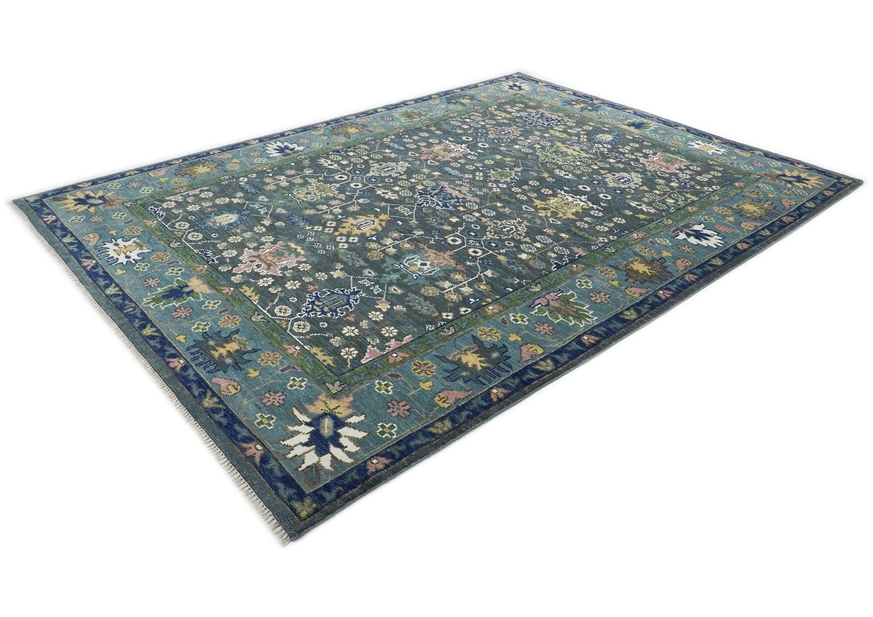 10x14 Blue, Aqua, Rose Color Hand Knotted Oushak Wool Arts and Crafts Oriental Rug