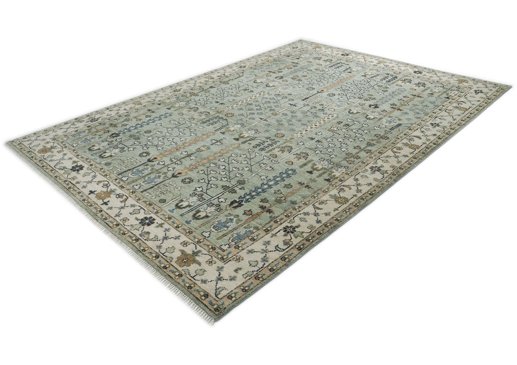 10x14 Seledon, Beige, Tan Color Hand Knotted Oushak Wool Transitional Oriental Rug