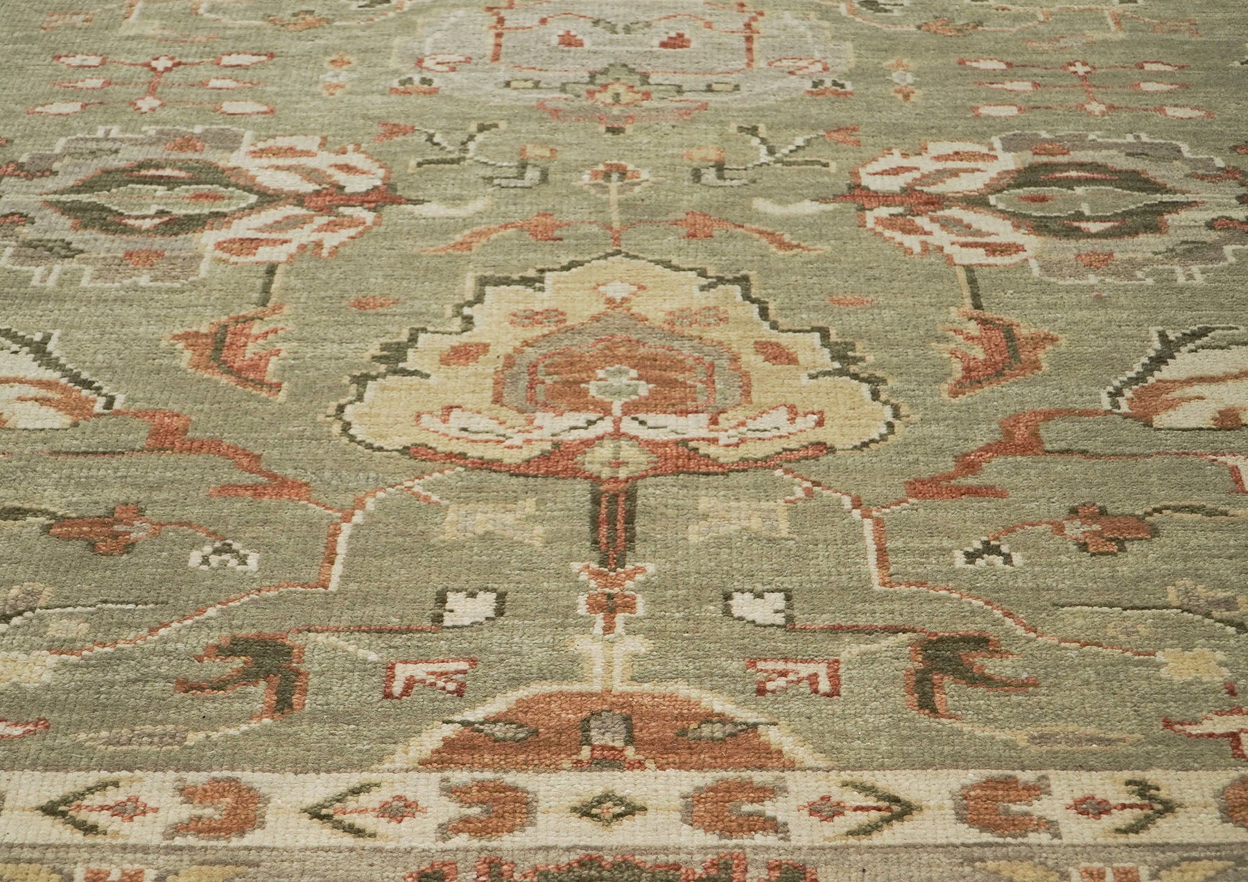 10x14 Green, Peach, Gray Color Hand Knotted Oushak Wool Arts and Crafts Oriental Rug