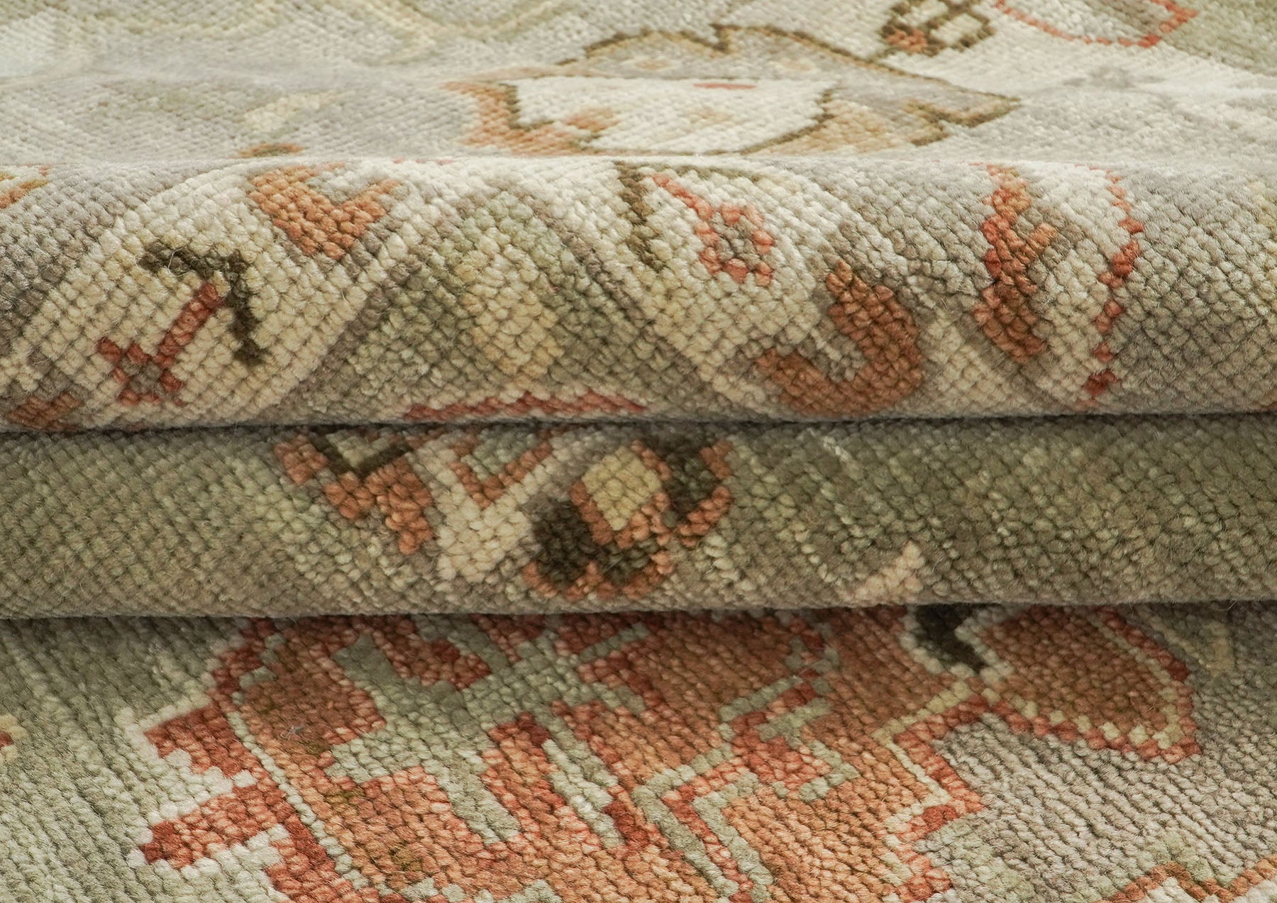 10x14 Green, Peach, Gray Color Hand Knotted Oushak Wool Arts and Crafts Oriental Rug