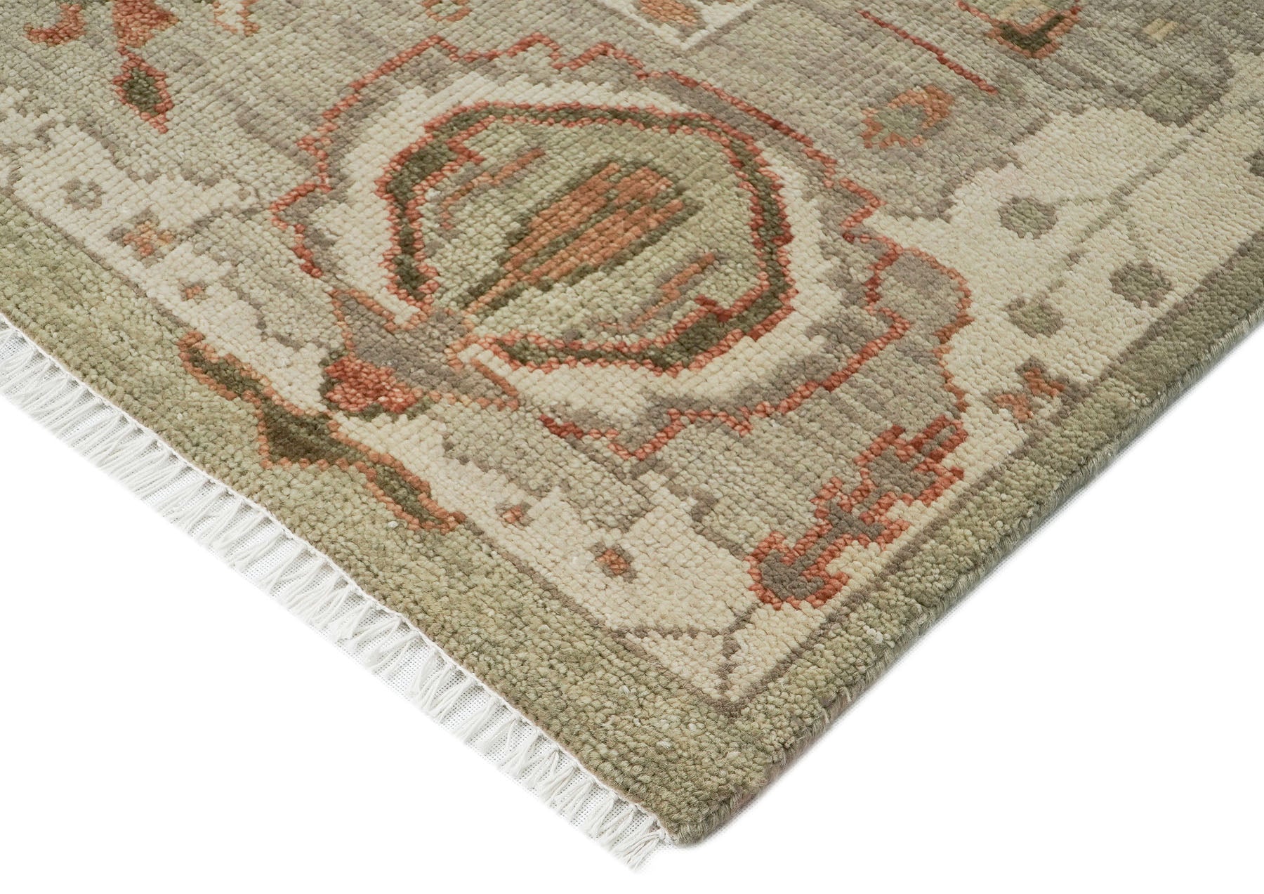 10x14 Green, Peach, Gray Color Hand Knotted Oushak Wool Arts and Crafts Oriental Rug