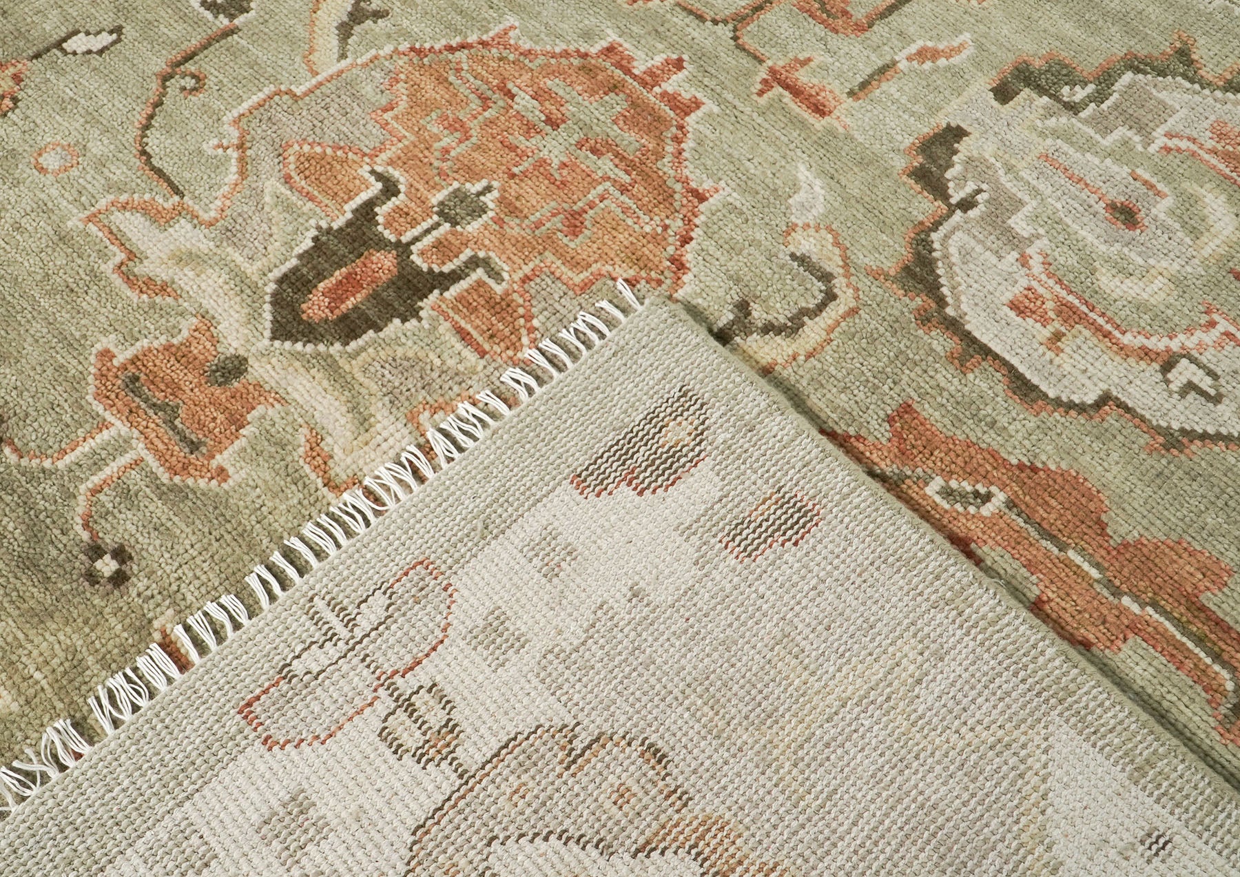 10x14 Green, Peach, Gray Color Hand Knotted Oushak Wool Arts and Crafts Oriental Rug