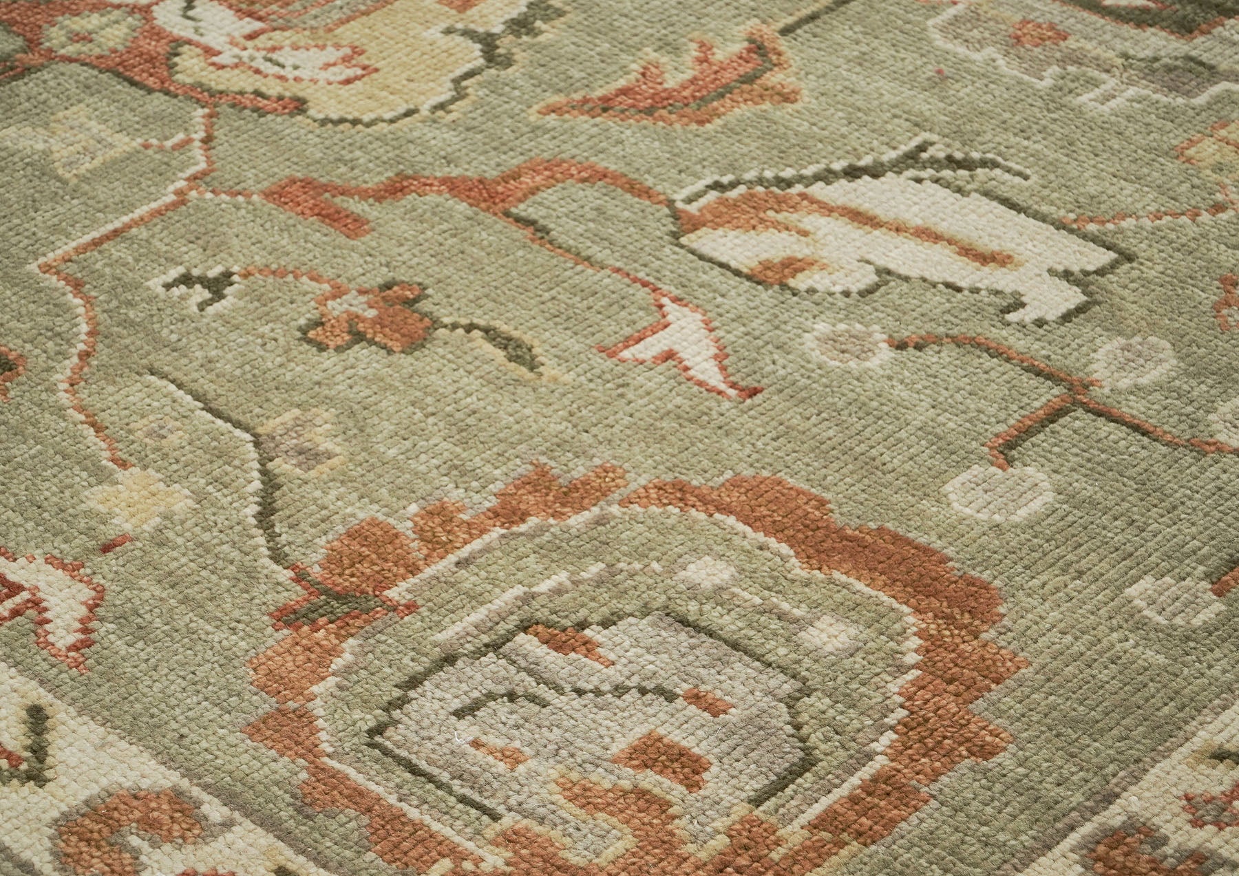 10x14 Green, Peach, Gray Color Hand Knotted Oushak Wool Arts and Crafts Oriental Rug