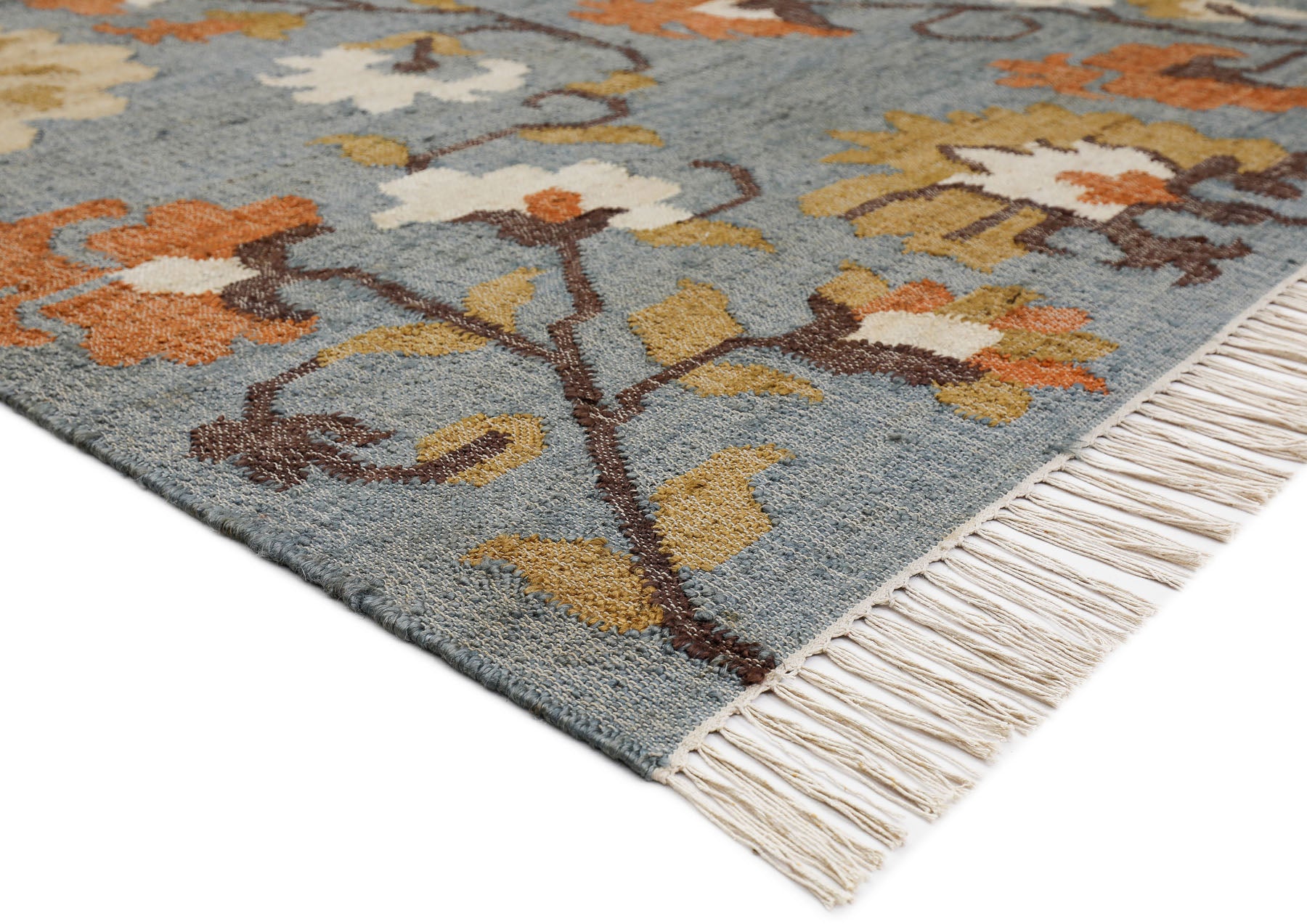 Multi Size Slate Blue Orange Color Hand Woven Kilim Jute Traditional Oriental Rug