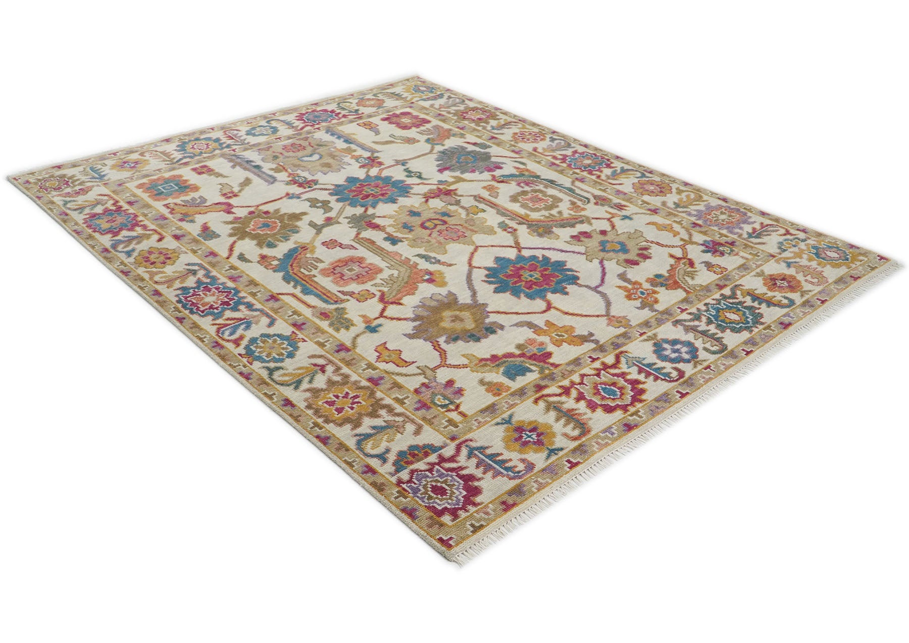 Multi Size Ivory Brown Aqua Color Hand Knotted Oushak Wool Traditional Oriental Rug