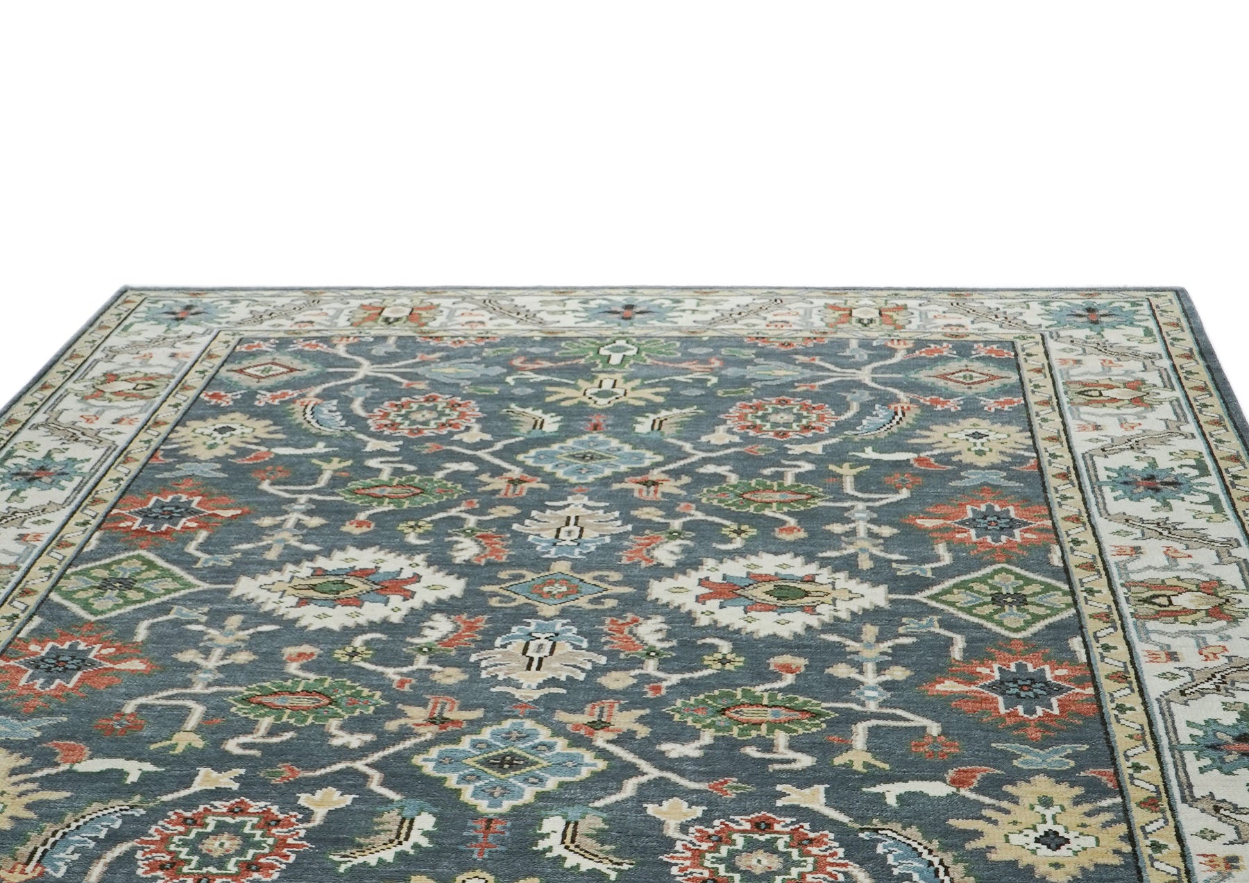 10x14 Blue, Slate, Ivory Color Hand Knotted Oushak Wool Arts and Crafts Oriental Rug