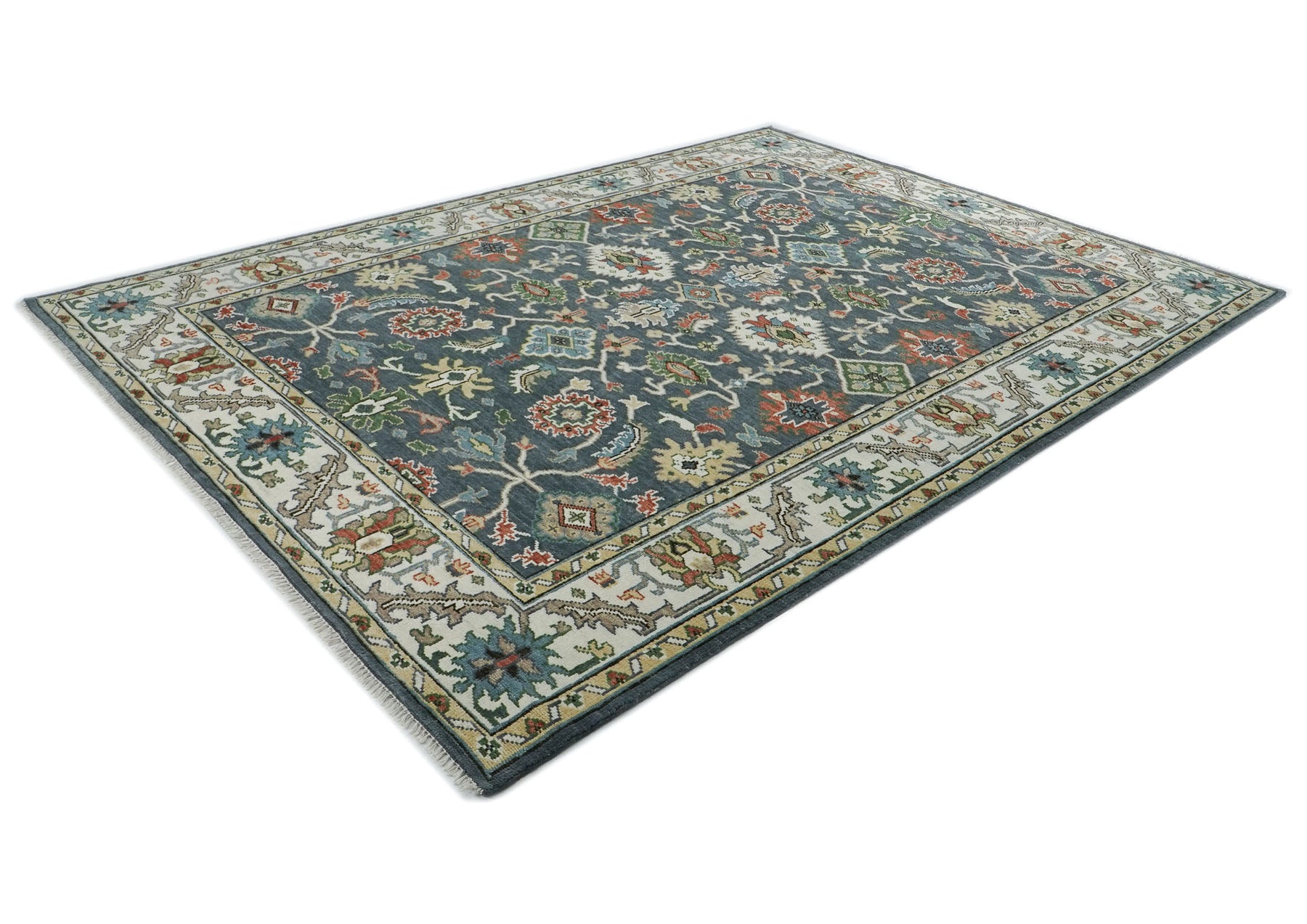 10x14 Blue, Slate, Ivory Color Hand Knotted Oushak Wool Arts and Crafts Oriental Rug