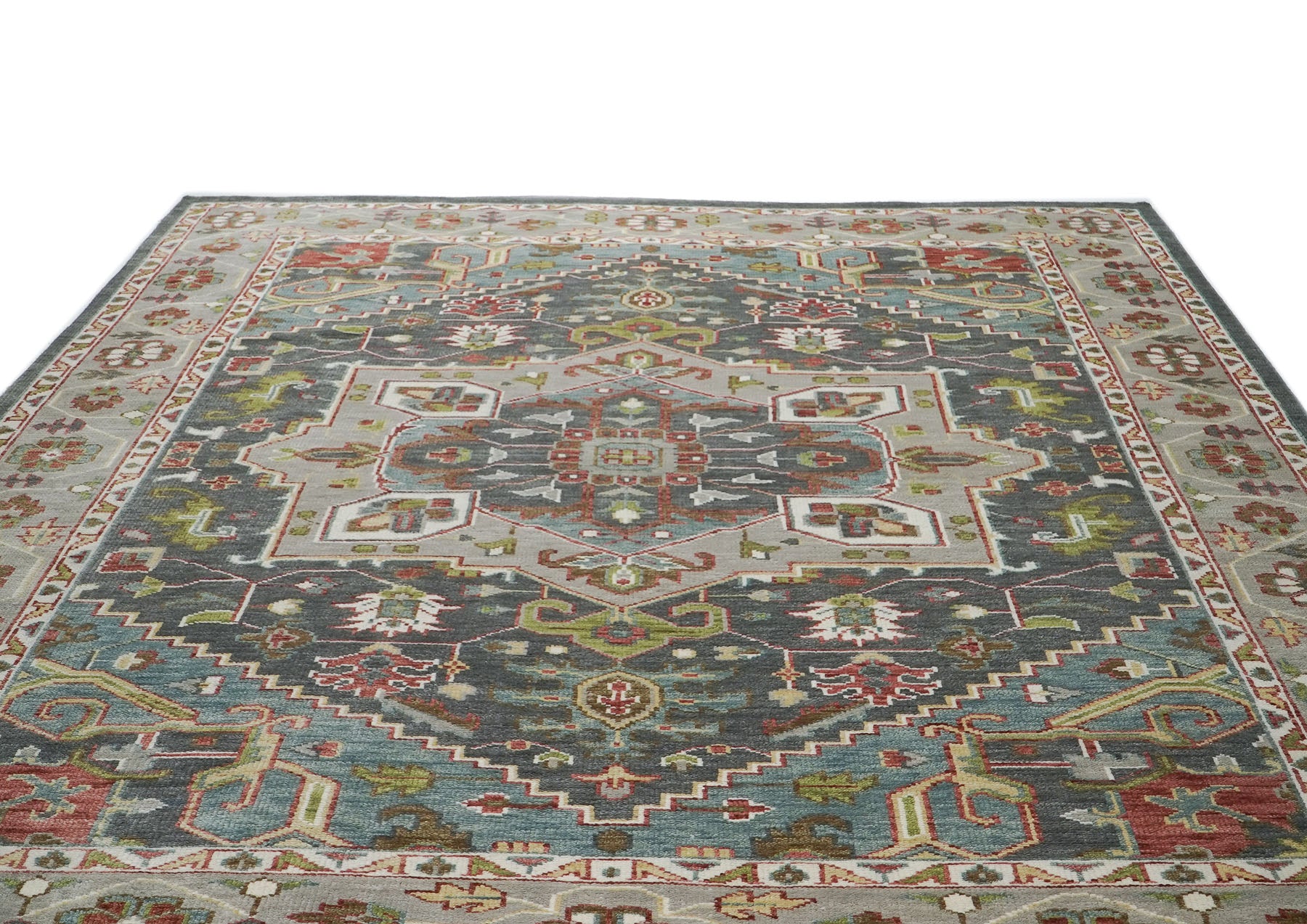 10x14 Slate, Ivory, Lime Color Hand Knotted Oushak Wool  Oriental Rug