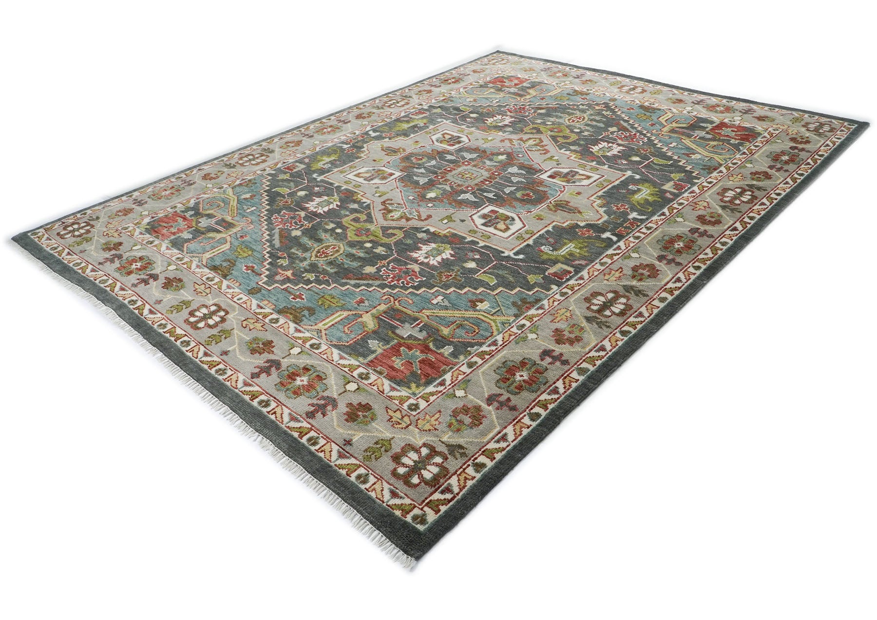 10x14 Slate, Ivory, Lime Color Hand Knotted Oushak Wool  Oriental Rug