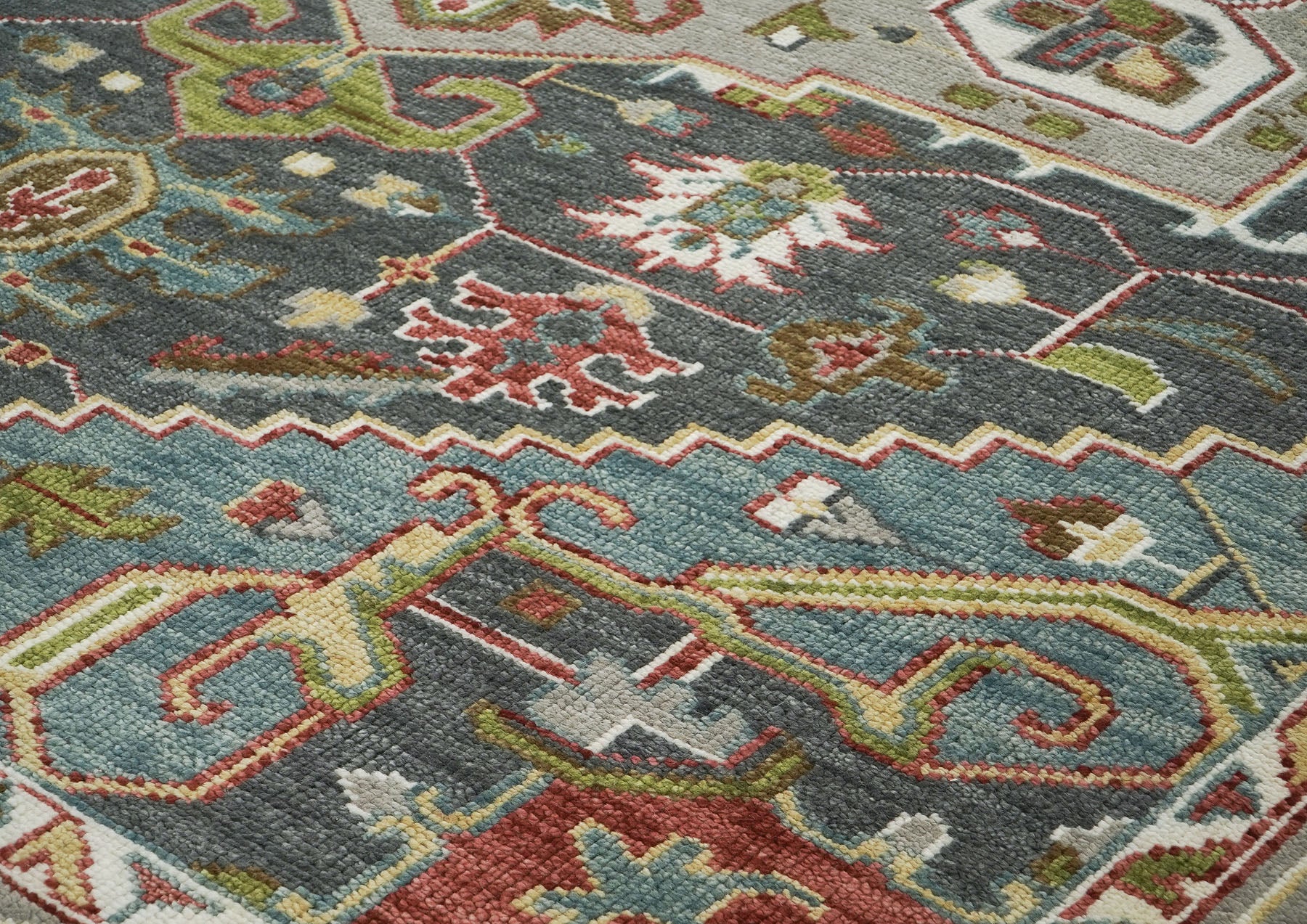 10x14 Slate, Ivory, Lime Color Hand Knotted Oushak Wool  Oriental Rug