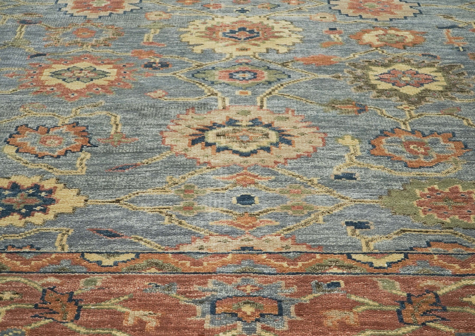 10x14 Blue, Rose, Lime Color Hand Knotted Oushak Wool Arts and Crafts Oriental Rug