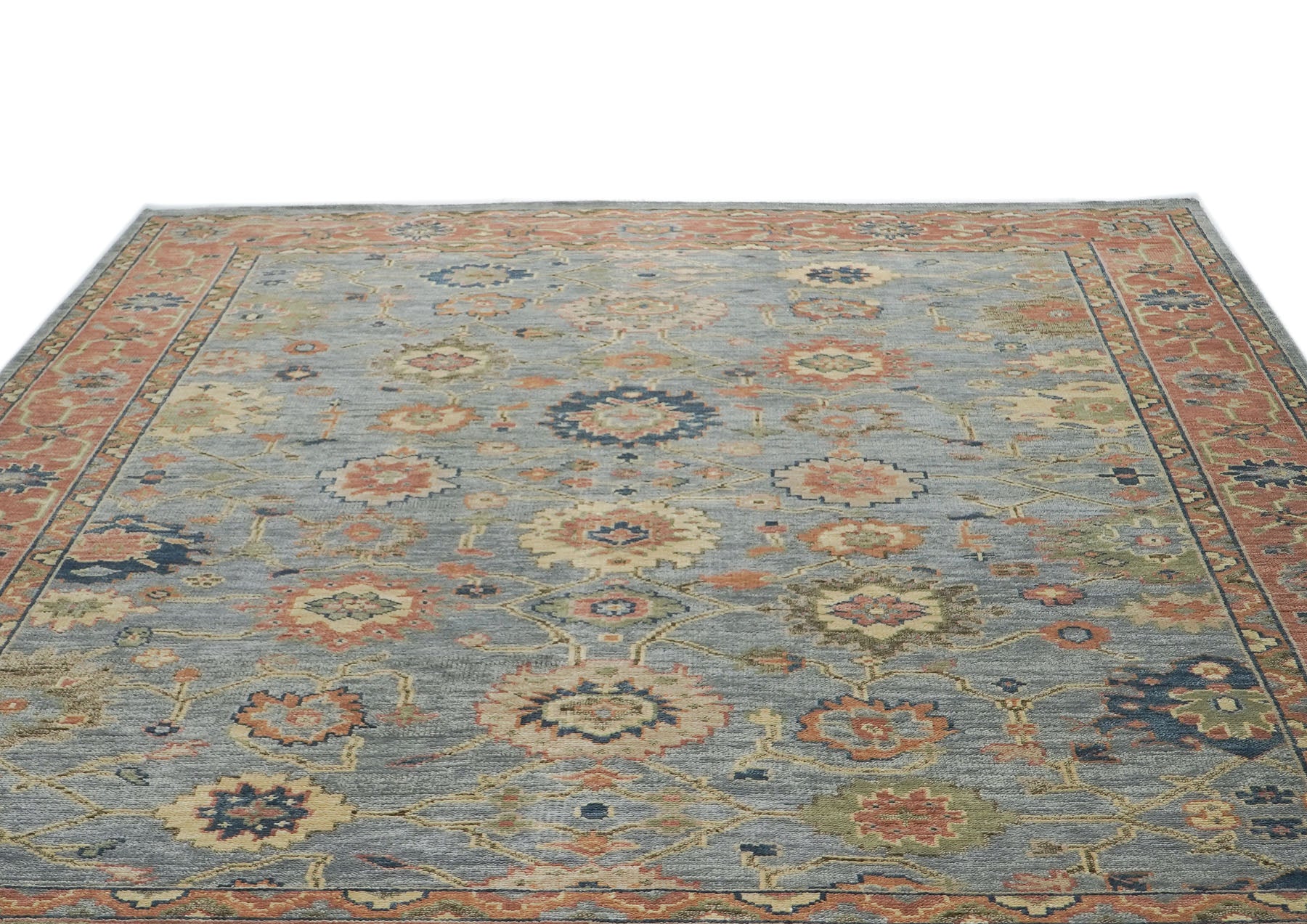 10x14 Blue, Rose, Lime Color Hand Knotted Oushak Wool Arts and Crafts Oriental Rug