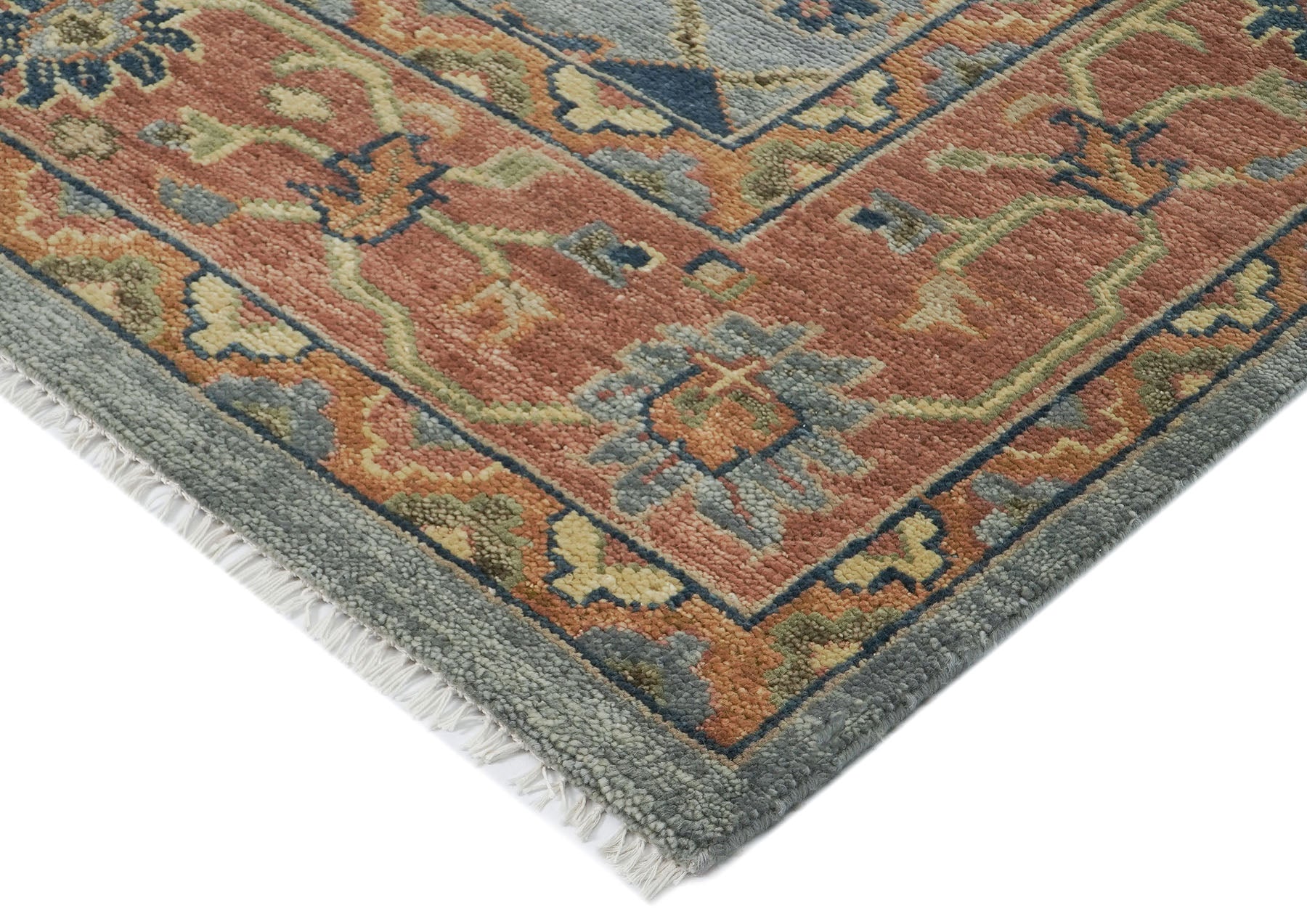 10x14 Blue, Rose, Lime Color Hand Knotted Oushak Wool Arts and Crafts Oriental Rug