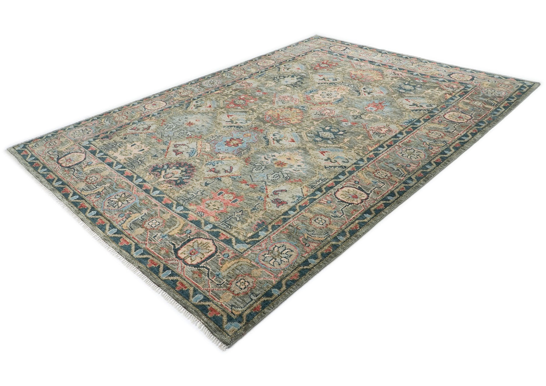 10x14 Gray, Moss, Rose Color Hand Knotted Oushak Wool Arts and Crafts Oriental Rug