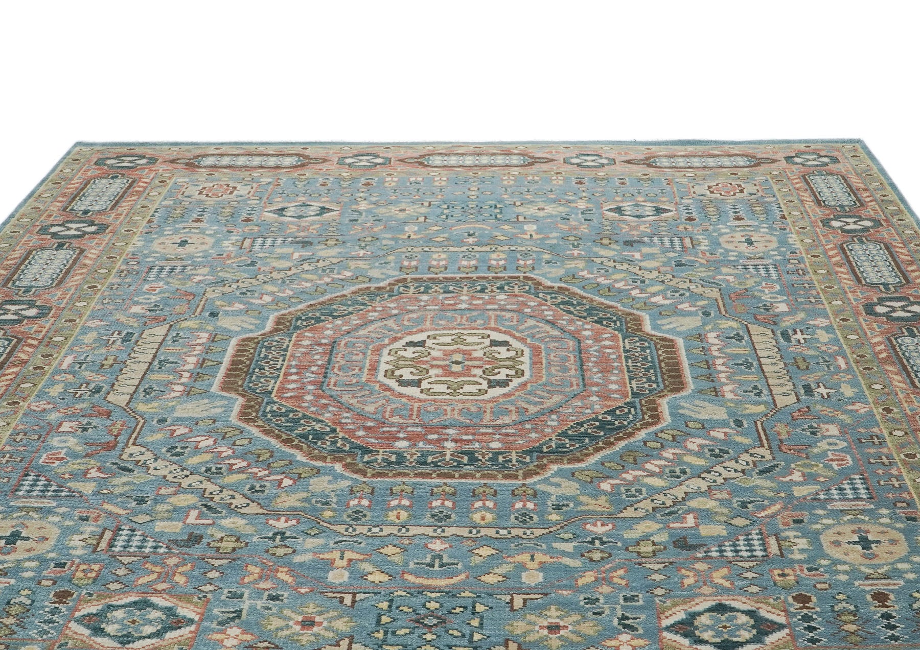 10x14 Blue, Rust, Green Color Hand Knotted Oushak Wool Traditional Oriental Rug